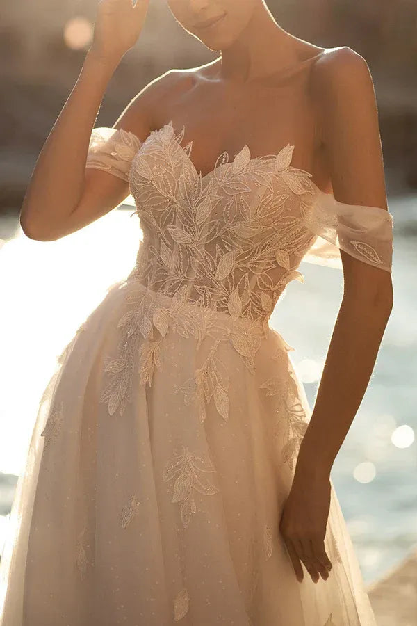 Whimsical Off-the-Shoulder Sweetheart A-Line Floor-Length Wedding Dress
