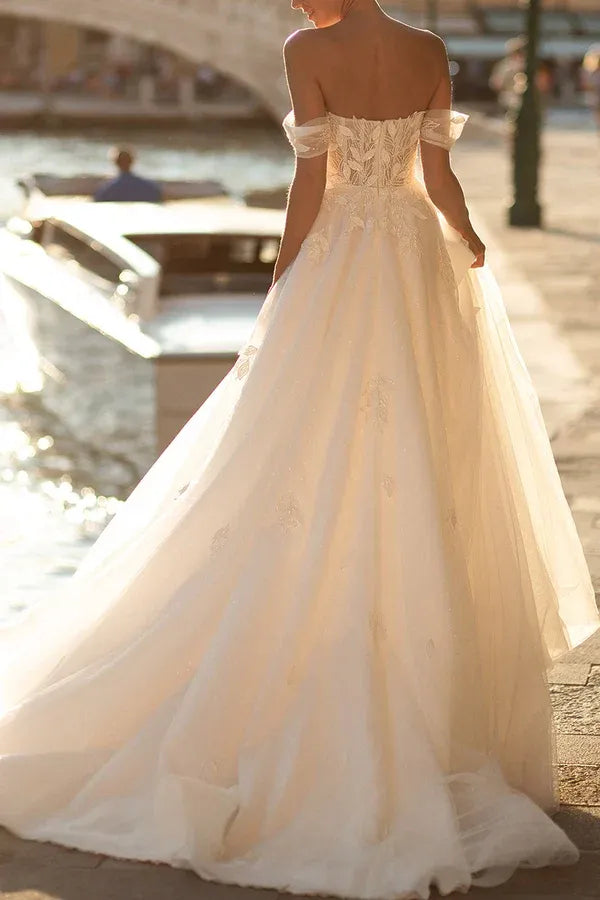 Whimsical Off-the-Shoulder Sweetheart A-Line Floor-Length Wedding Dress