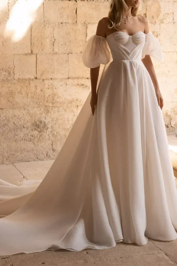 Whimsical Off-the-Shoulder Sweetheart Chiffon A-Line Floor-Length Wedding Dress