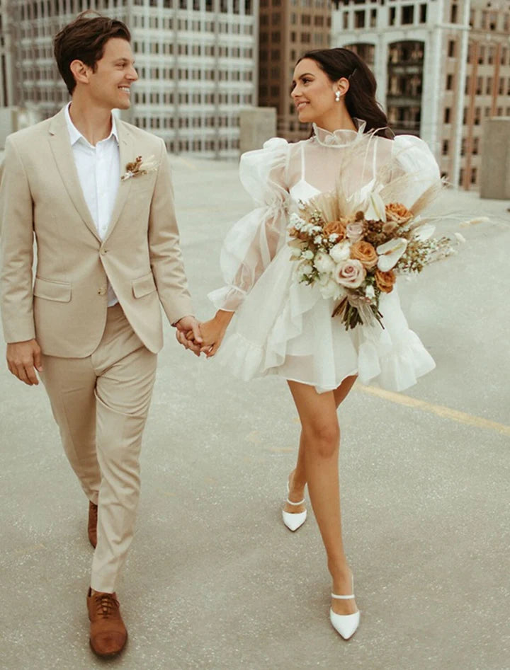 Whimsical Ruffled Mini High-Neck Puff-Sleeve Sheer-Back Mini-Length Wedding Dresses For City Elopement