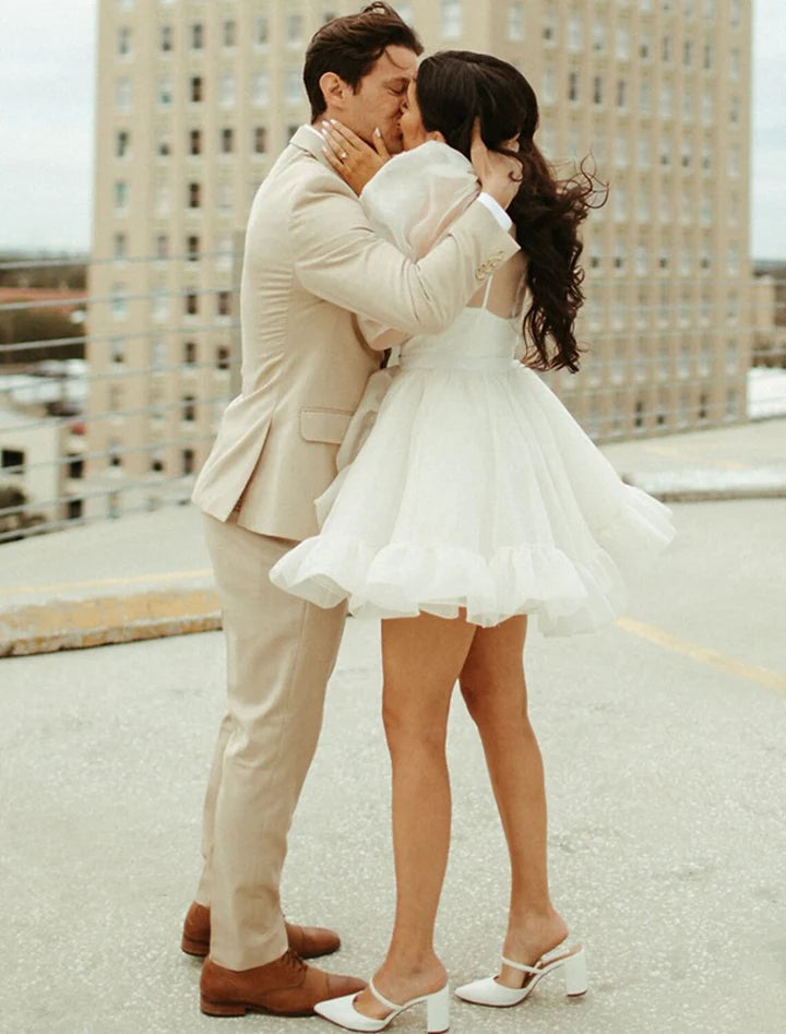 Whimsical Ruffled Mini High-Neck Puff-Sleeve Sheer-Back Mini-Length Wedding Dresses For City Elopement