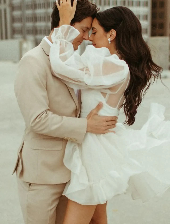 Whimsical Ruffled Mini High-Neck Puff-Sleeve Sheer-Back Mini-Length Wedding Dresses For City Elopement