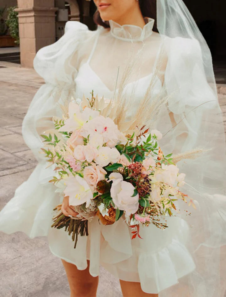Whimsical Ruffled Mini High-Neck Puff-Sleeve Sheer-Back Mini-Length Wedding Dresses For City Elopement