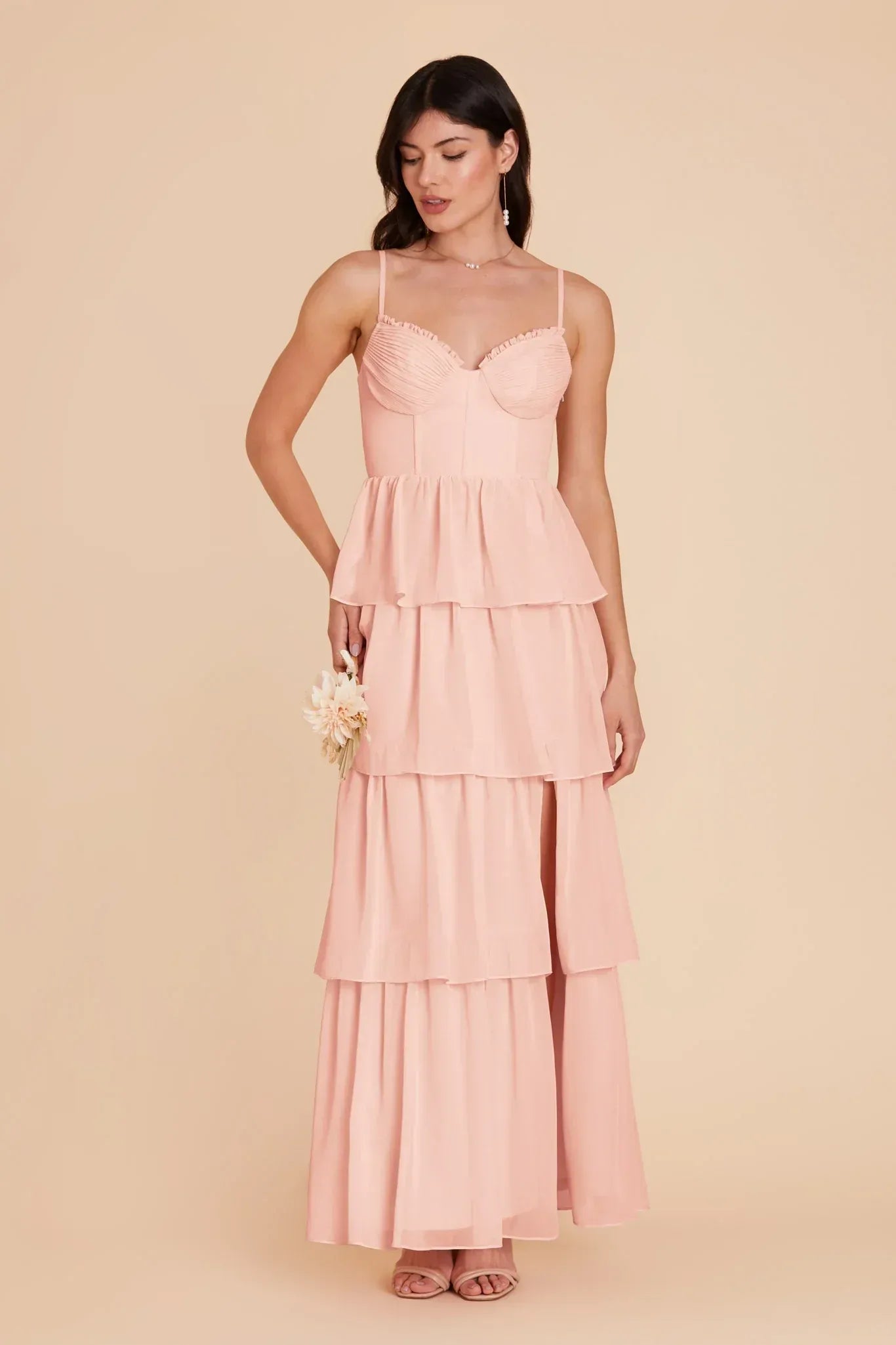 Whimsical Tiered Ruffle Corset Spaghetti Strap Smocked Back Floor Length Wedding Bridesmaid Dress