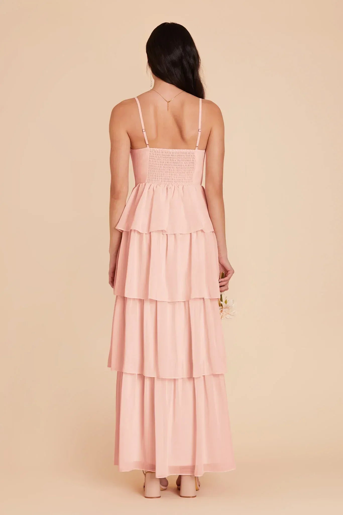Whimsical Tiered Ruffle Corset Spaghetti Strap Smocked Back Floor Length Wedding Bridesmaid Dress