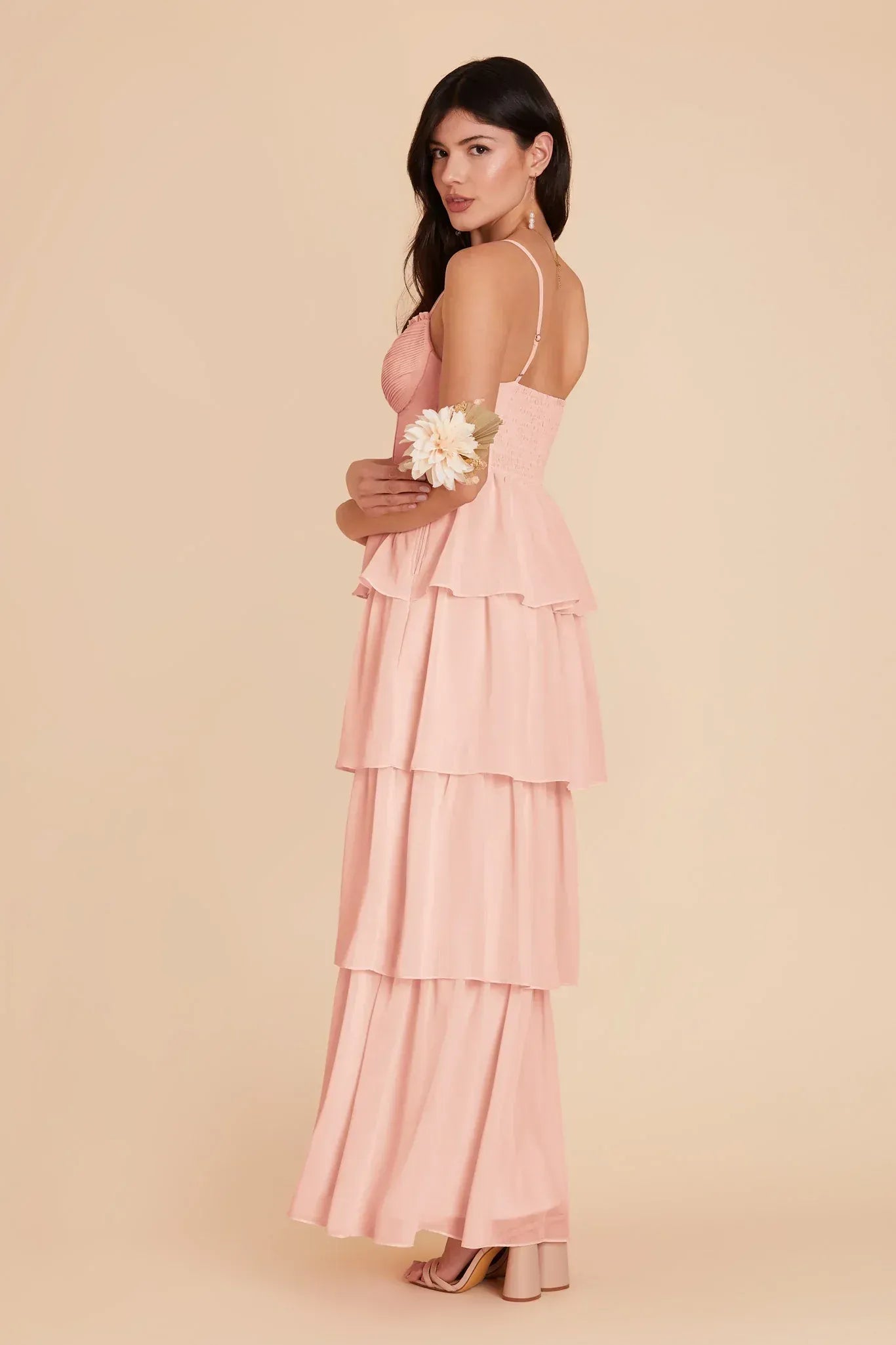 Whimsical Tiered Ruffle Corset Spaghetti Strap Smocked Back Floor Length Wedding Bridesmaid Dress