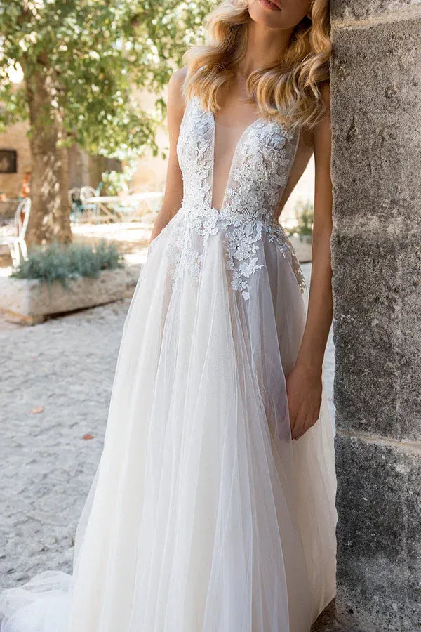 Whimsical V-Neck Lace Tulle A-Line Floor-Length Wedding Dress