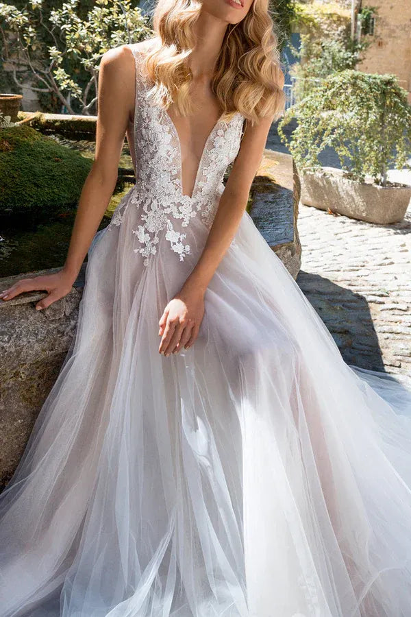 Whimsical V-Neck Lace Tulle A-Line Floor-Length Wedding Dress