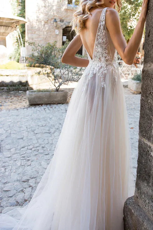 Whimsical V-Neck Lace Tulle A-Line Floor-Length Wedding Dress