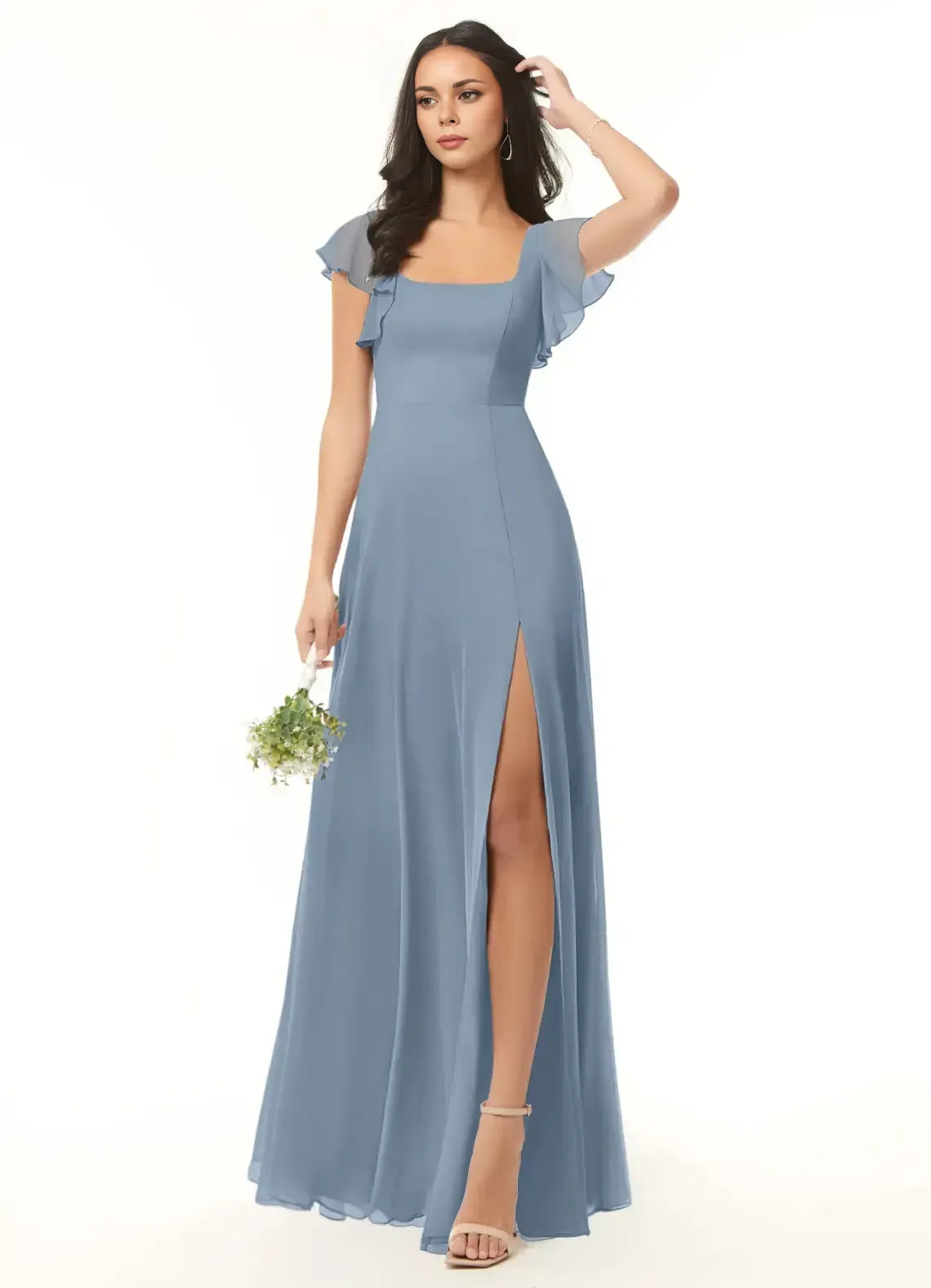 Whimsical A‑Line Square‑Neck Ruffle‑Sleeve Tie‑Back Floor‑Length Wedding Bridesmaid Dress