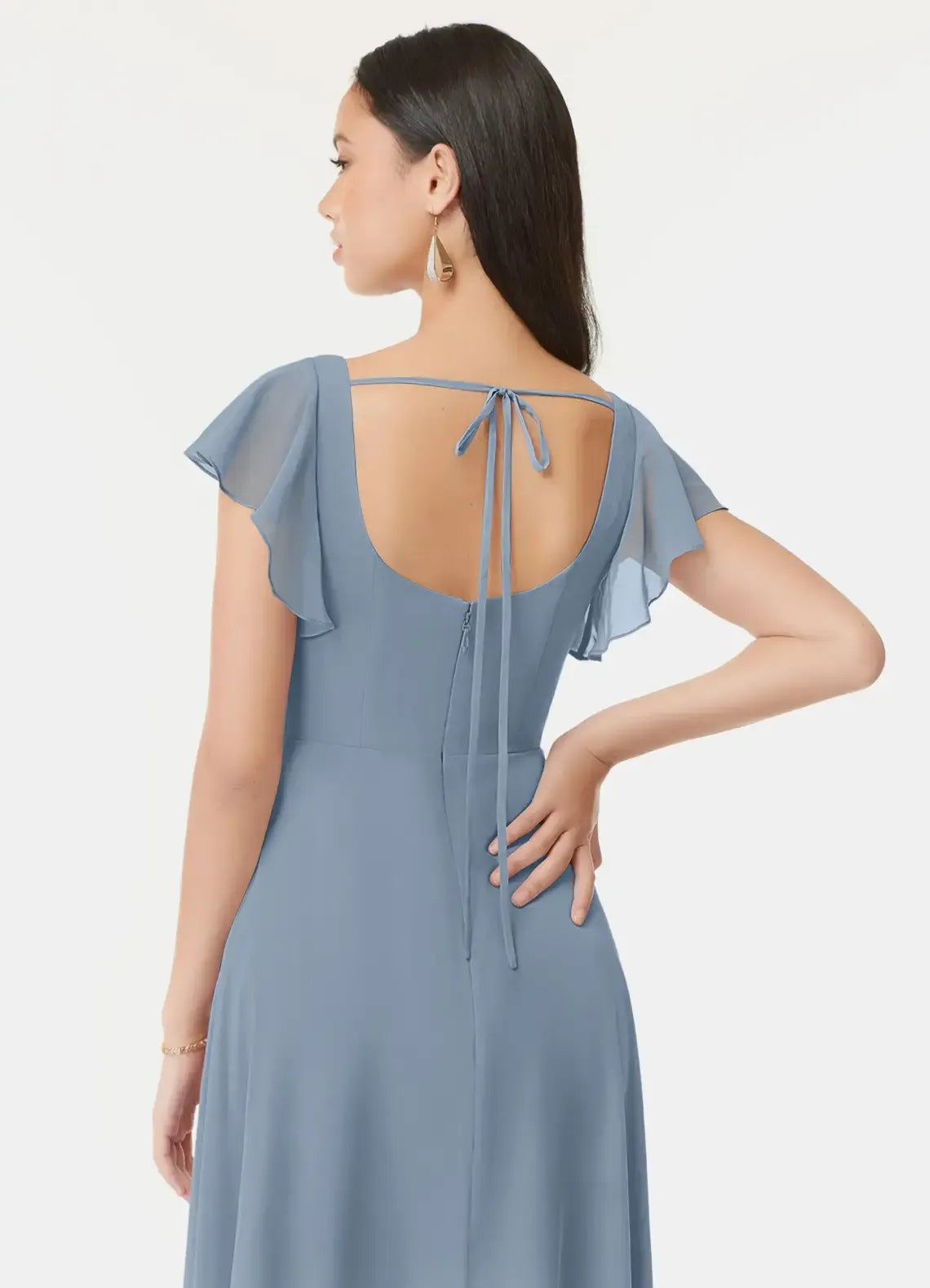 Whimsical A‑Line Square‑Neck Ruffle‑Sleeve Tie‑Back Floor‑Length Wedding Bridesmaid Dress