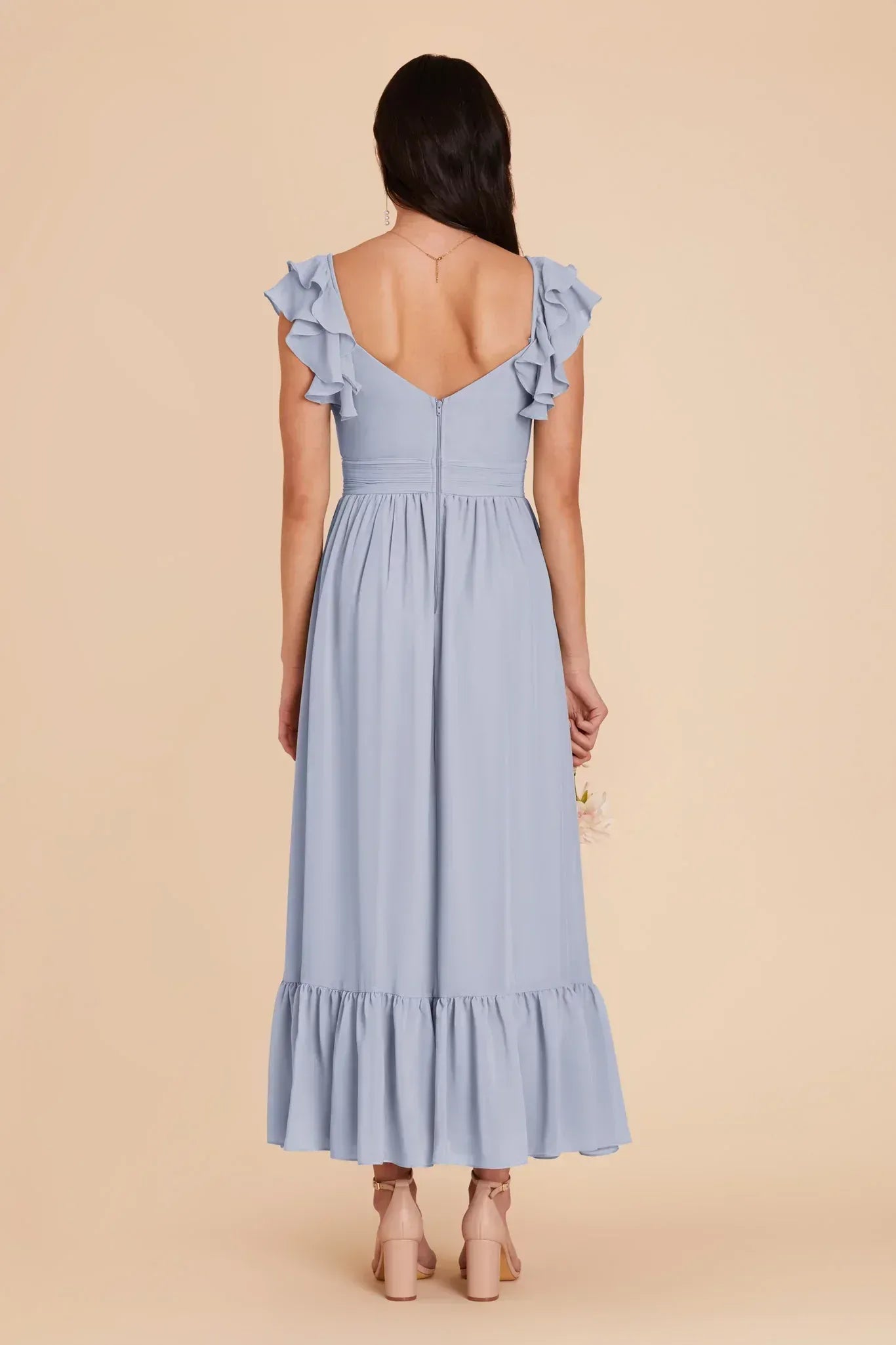 Whimsical Midi Ruffle Off‑Shoulder Empire‑Waist V‑Back Wedding Bridesmaid Dress