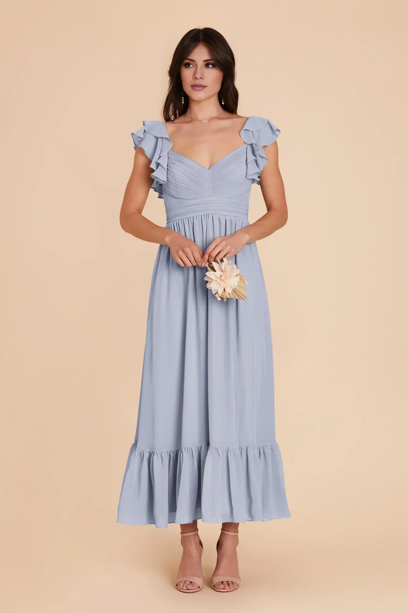 Whimsical Midi Ruffle Off‑Shoulder Empire‑Waist V‑Back Wedding Bridesmaid Dress