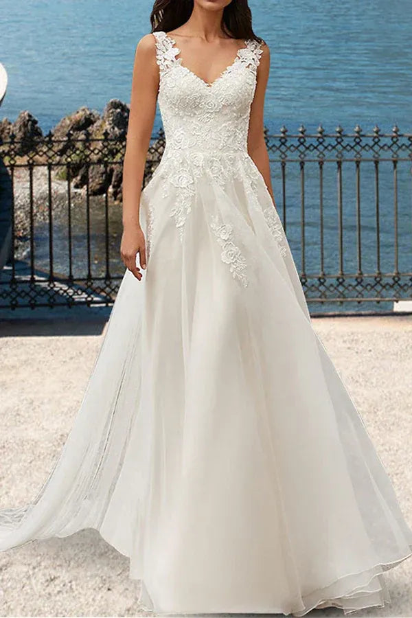 Whisper-Soft V-Neck Cap-Sleeve A-Line Floor-Length Wedding Dress