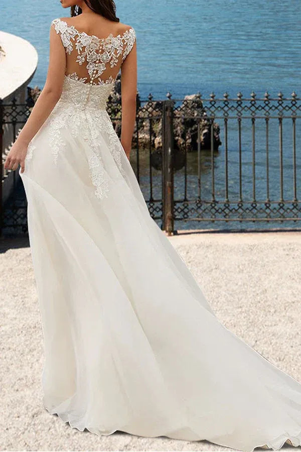 Whisper-Soft V-Neck Cap-Sleeve A-Line Floor-Length Wedding Dress