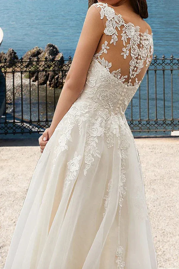 Whisper-Soft V-Neck Cap-Sleeve A-Line Floor-Length Wedding Dress