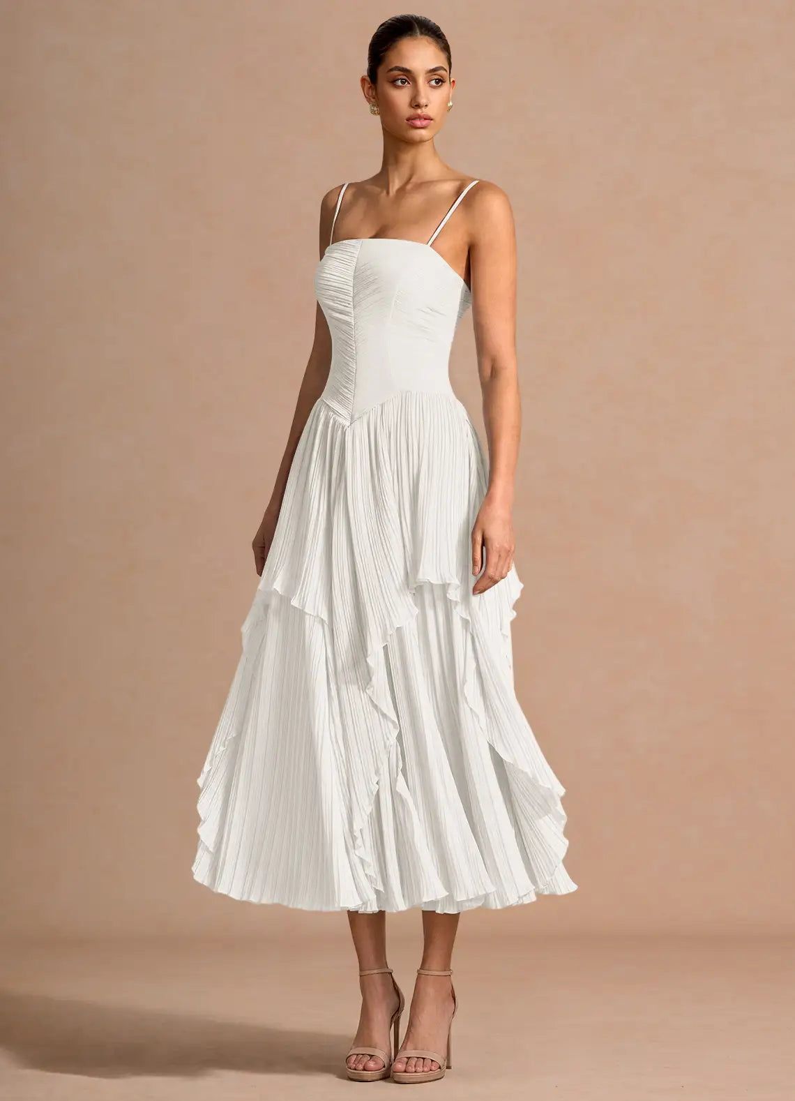 White Convertible Spaghetti Strapless Pleated Ruffle Cross Back Midi Wedding Guest Dress