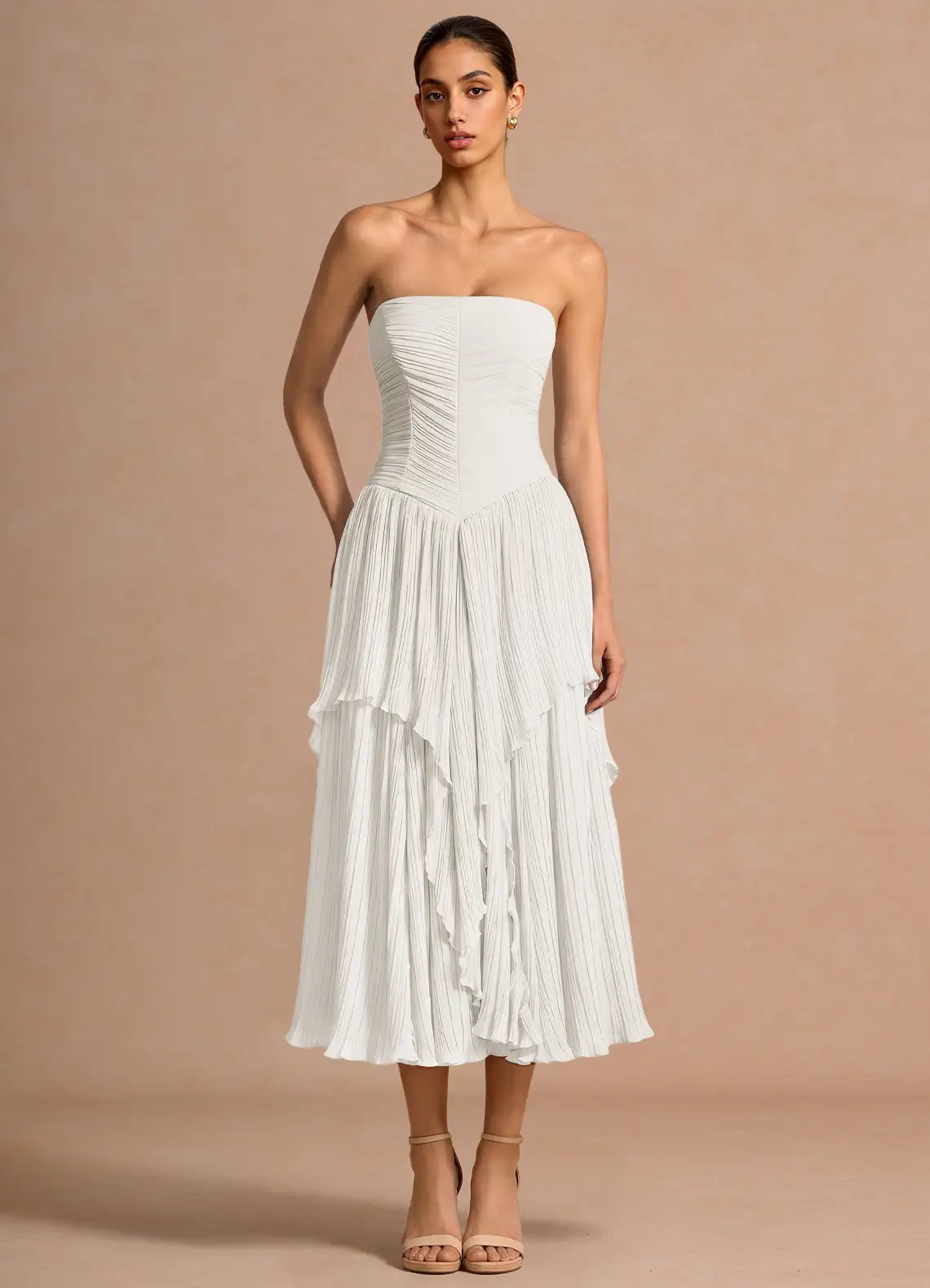 White Convertible Spaghetti Strapless Pleated Ruffle Cross Back Midi Wedding Guest Dress