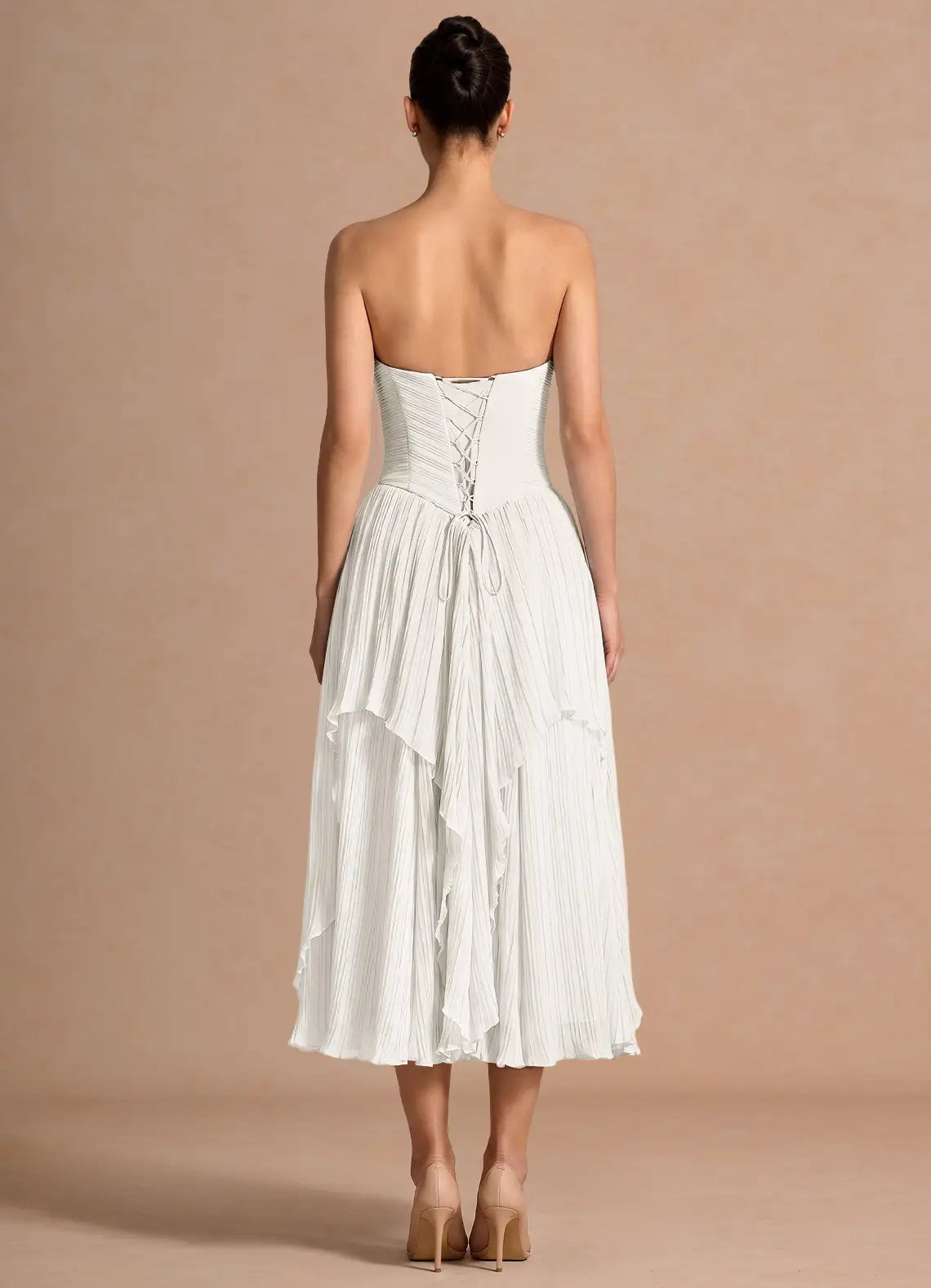 White Convertible Spaghetti Strapless Pleated Ruffle Cross Back Midi Wedding Guest Dress