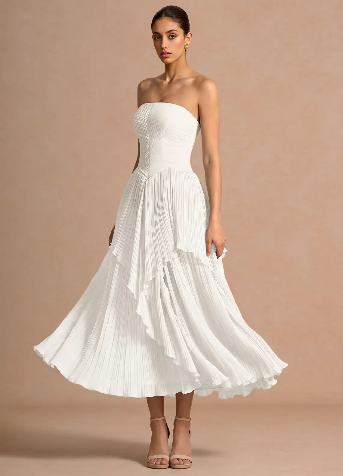 White Convertible Spaghetti Strapless Pleated Ruffle Cross Back Midi Wedding Guest Dress