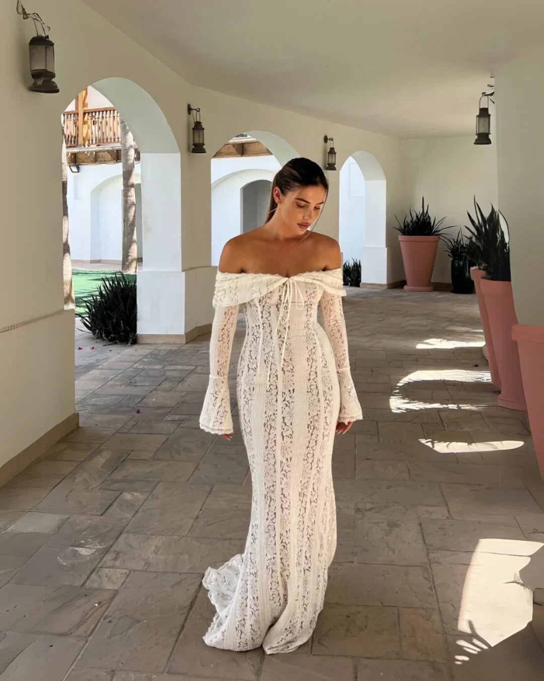 White Floor-Length Off-the-Shoulder Long-Sleeve Lace Mermaid Wedding Guest Dress