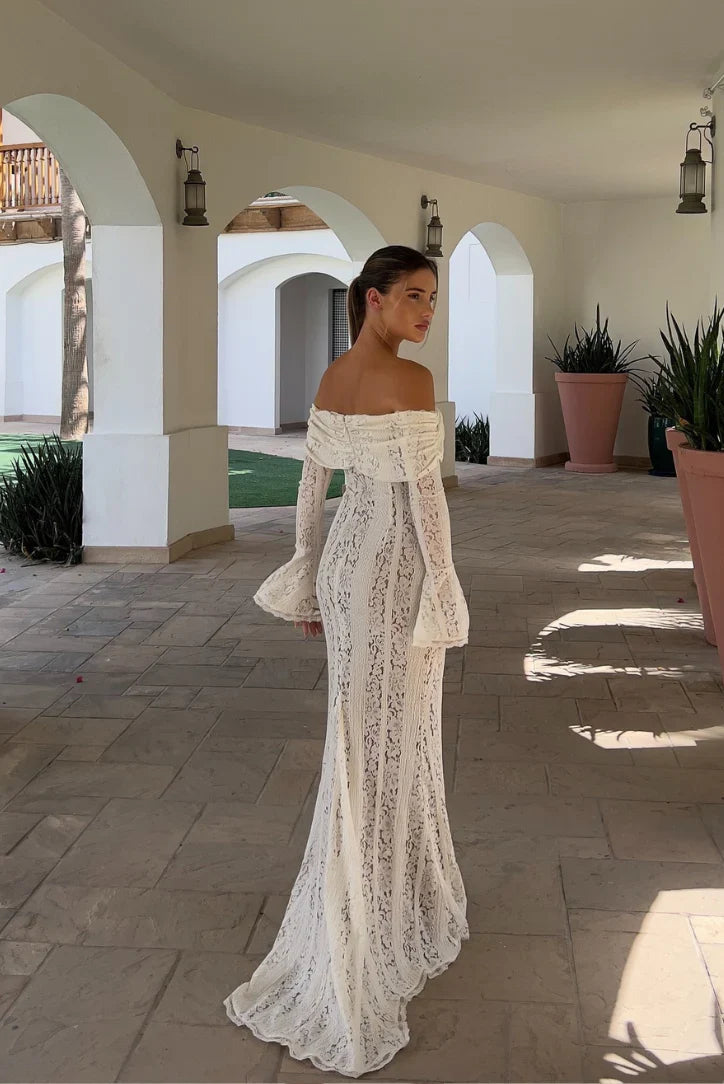 White Floor-Length Off-the-Shoulder Long-Sleeve Lace Mermaid Wedding Guest Dress