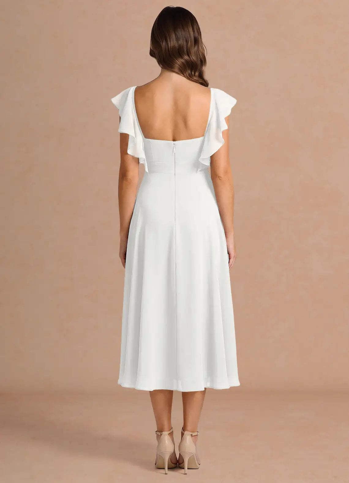 White Flutter Sleeve V-Neck Chiffon Flared Midi Wedding Guest Dress
