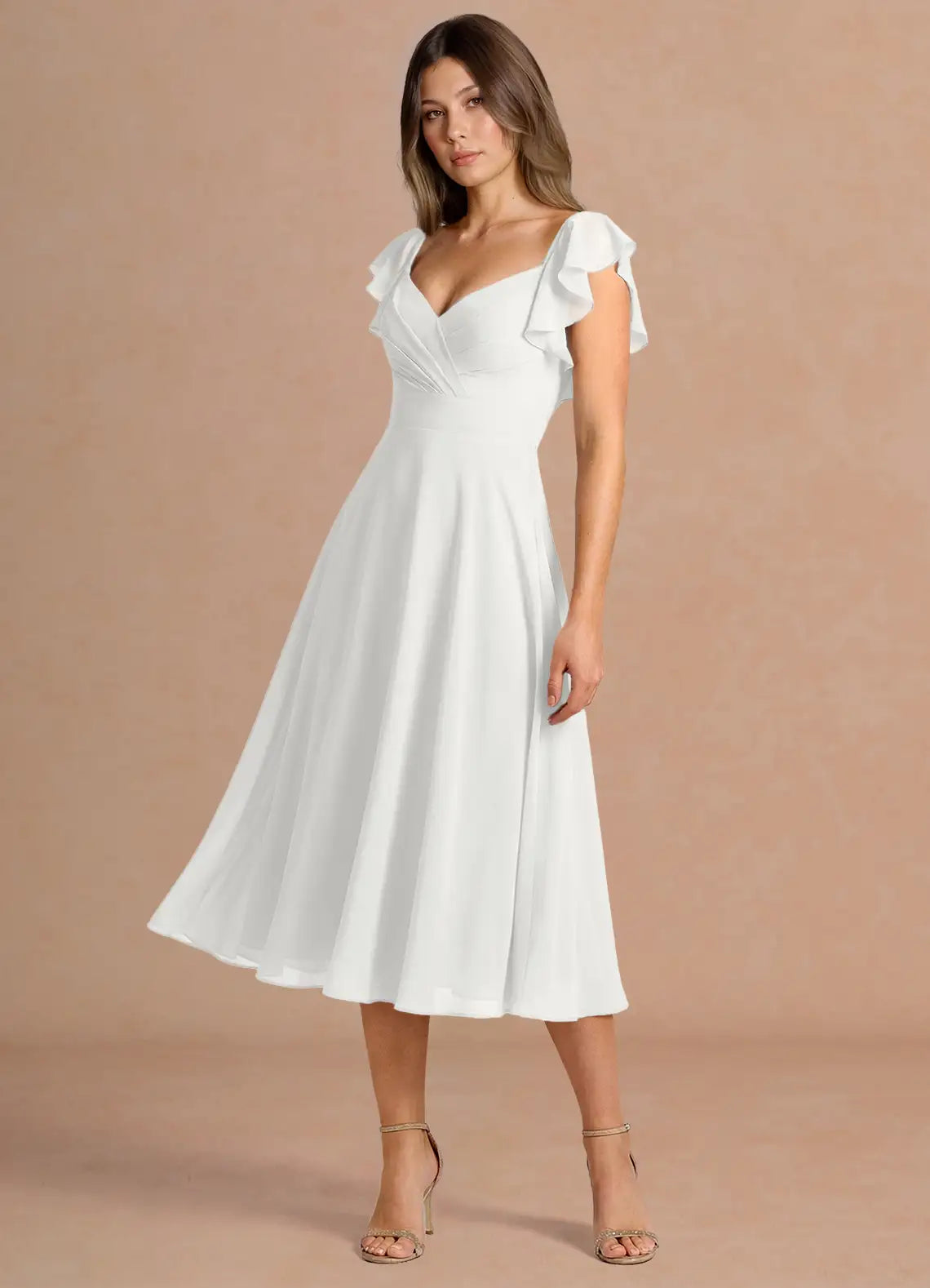 White Flutter Sleeve V-Neck Chiffon Flared Midi Wedding Guest Dress
