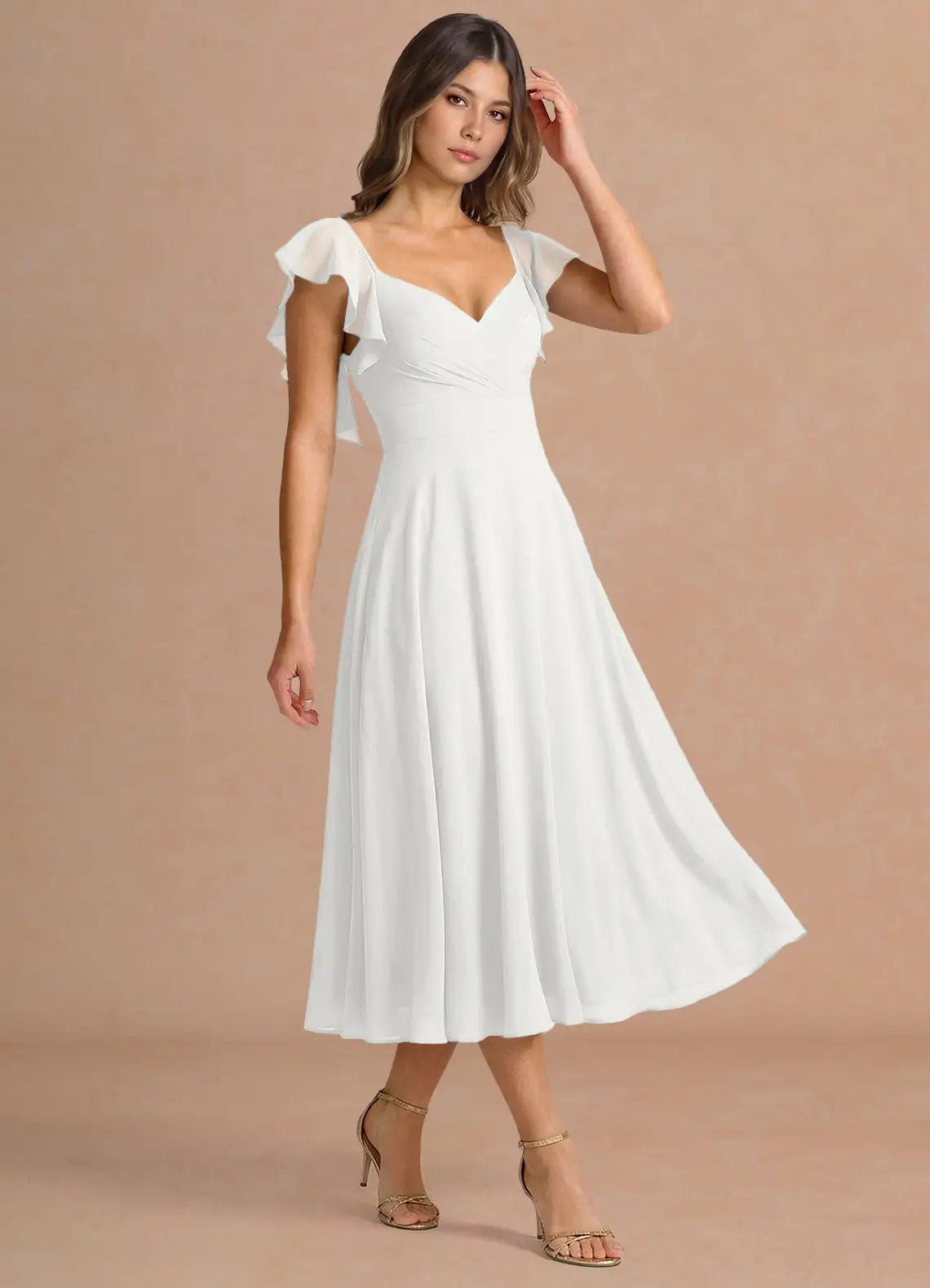 White Flutter Sleeve V-Neck Chiffon Flared Midi Wedding Guest Dress