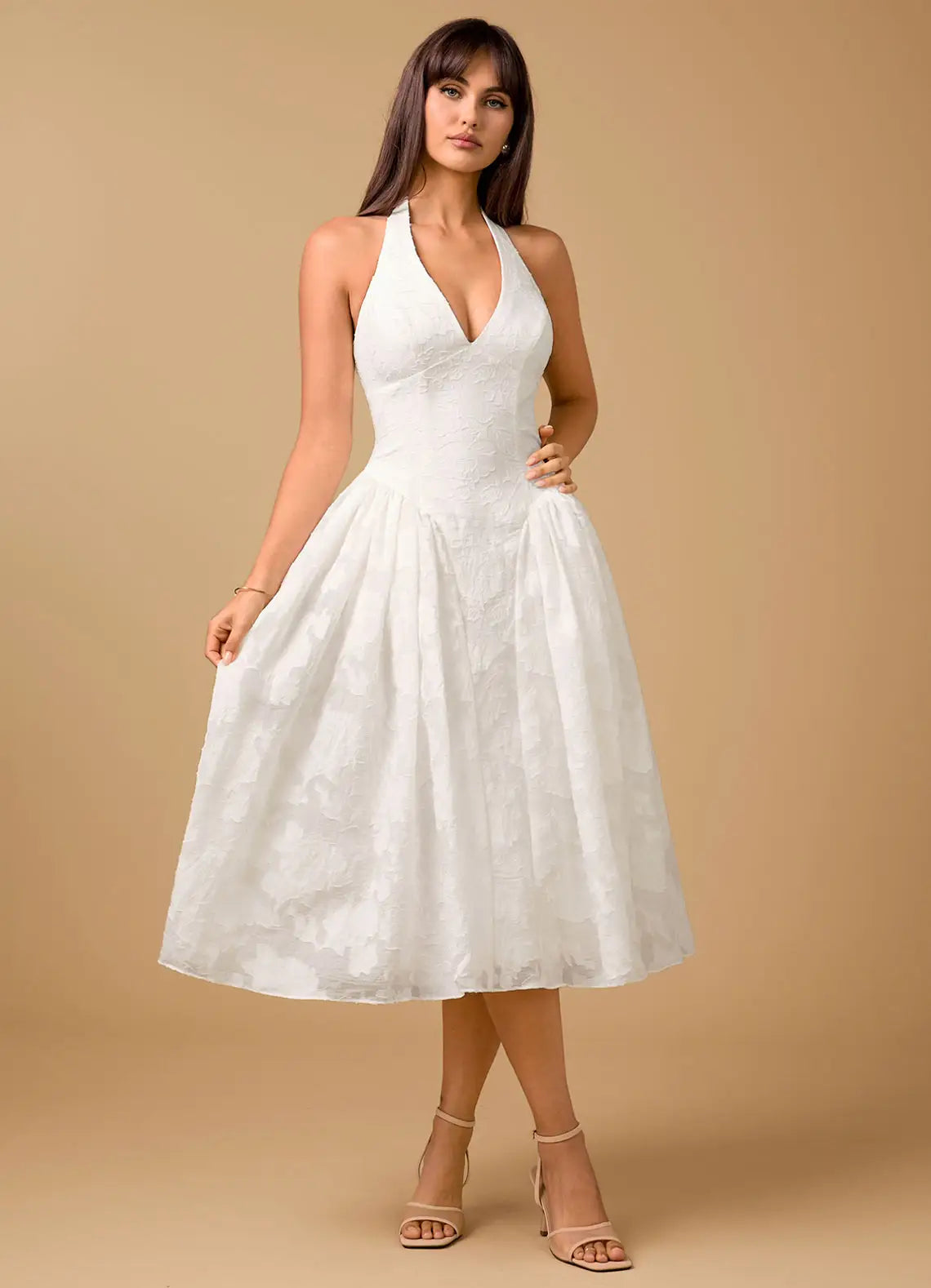 White Halter Deep V Textured Flared Midi Wedding Guest Dress