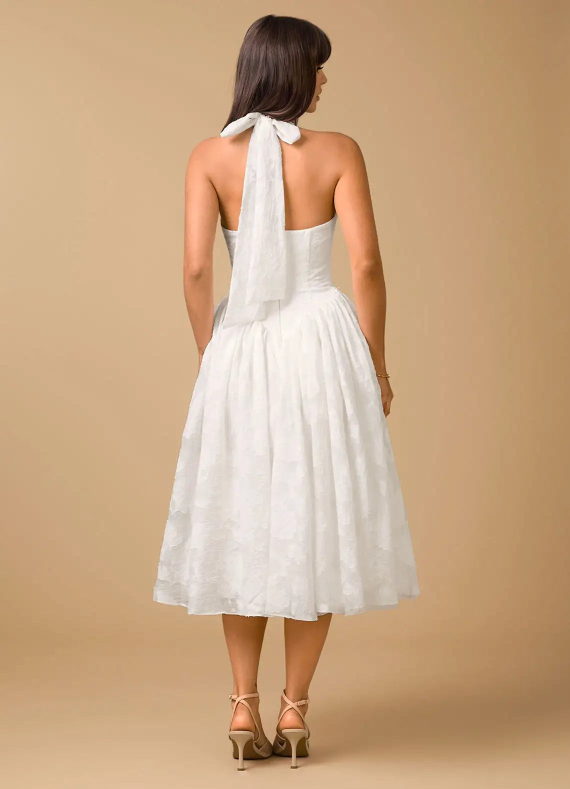White Halter Deep V Textured Flared Midi Wedding Guest Dress