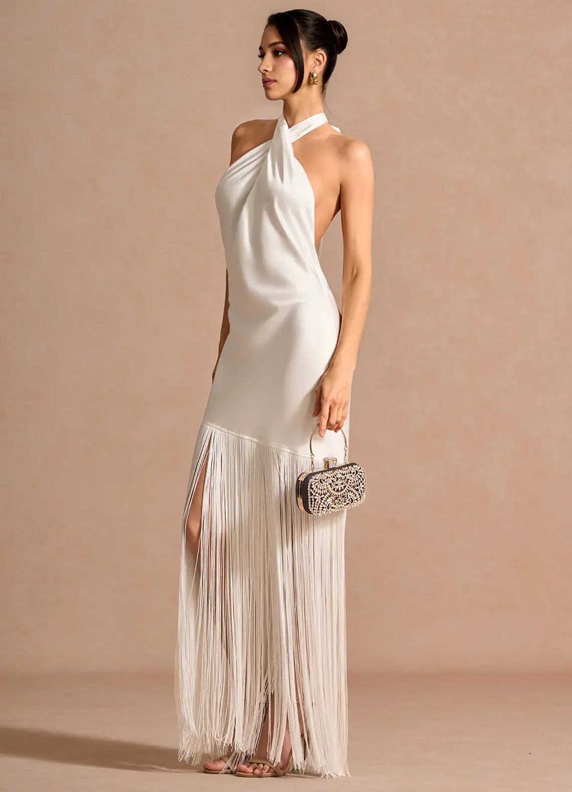 White Halter Twist Keyhole Fringe Satin Open Back Midi Maxi Wedding Guest Dress