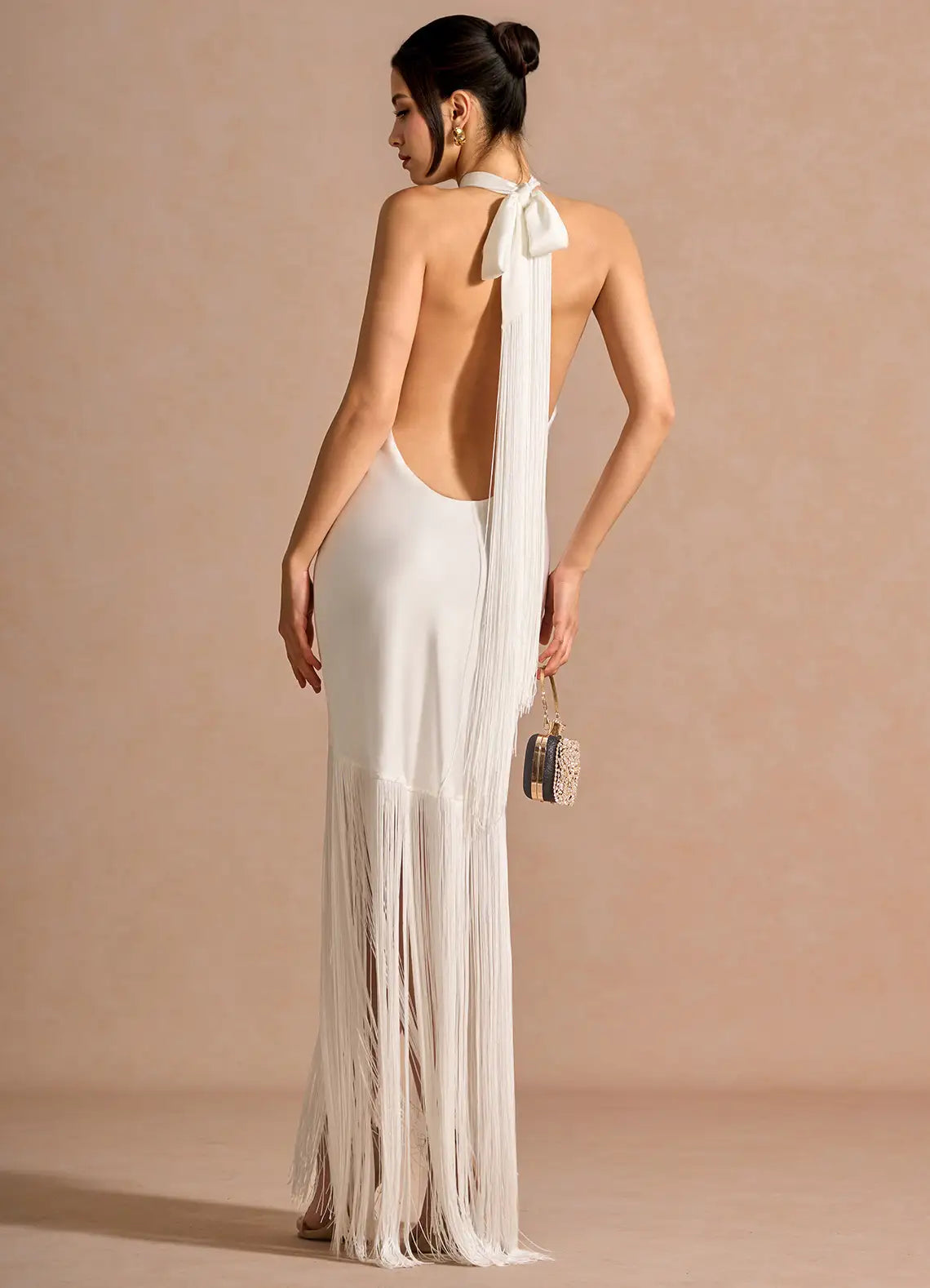 White Halter Twist Keyhole Fringe Satin Open Back Midi Maxi Wedding Guest Dress