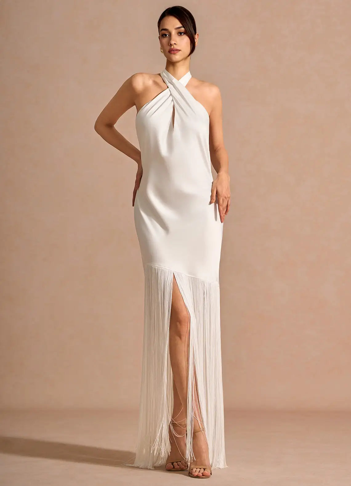White Halter Twist Keyhole Fringe Satin Open Back Midi Maxi Wedding Guest Dress
