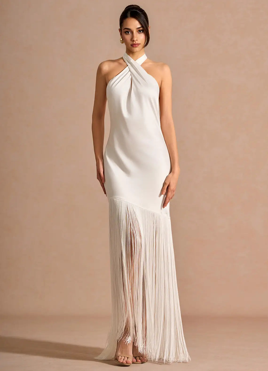 White Halter Twist Keyhole Fringe Satin Open Back Midi Maxi Wedding Guest Dress
