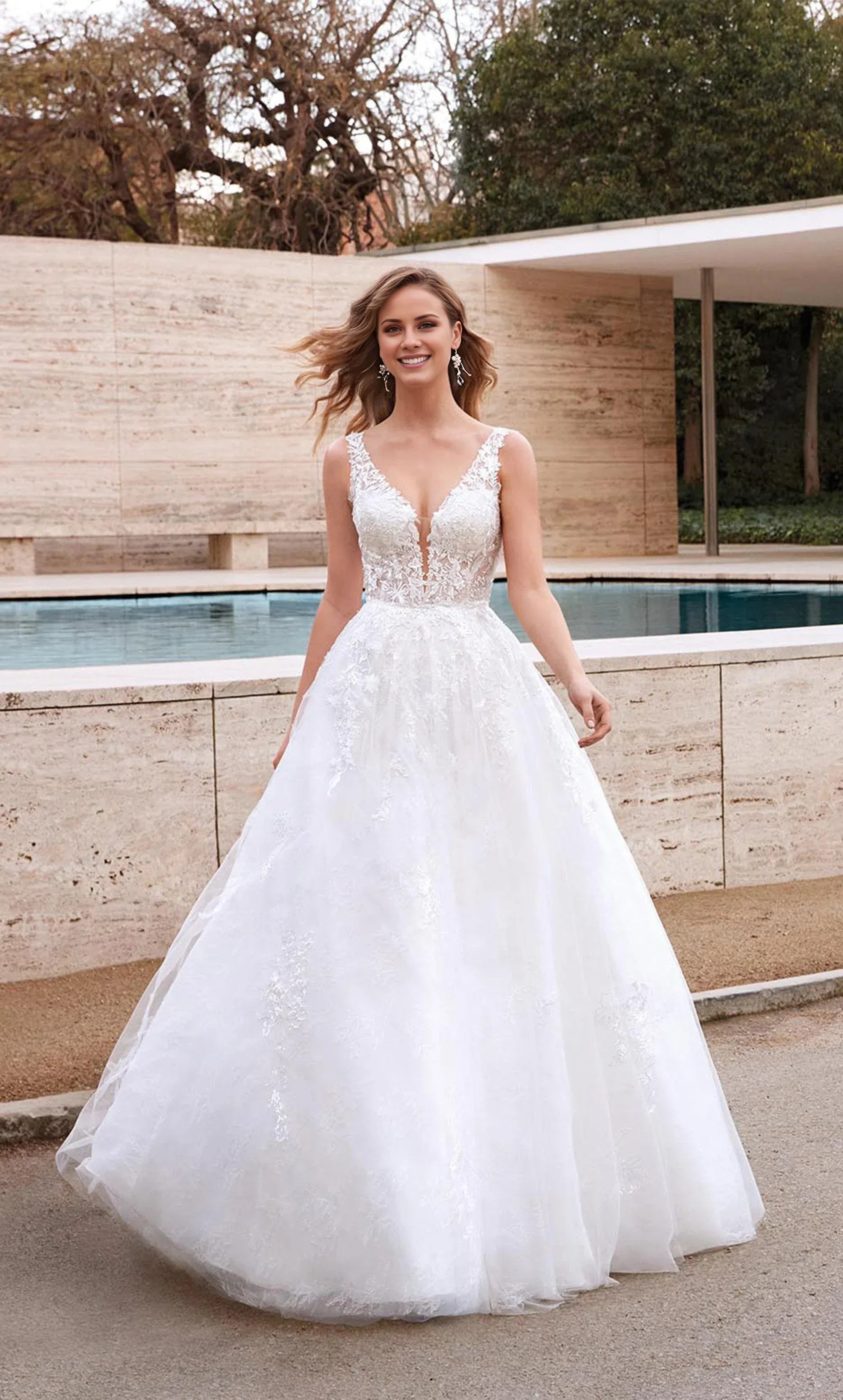White Lace A-Line Sleeveless Plunge-Neck Low-Back Wedding Dress with Train