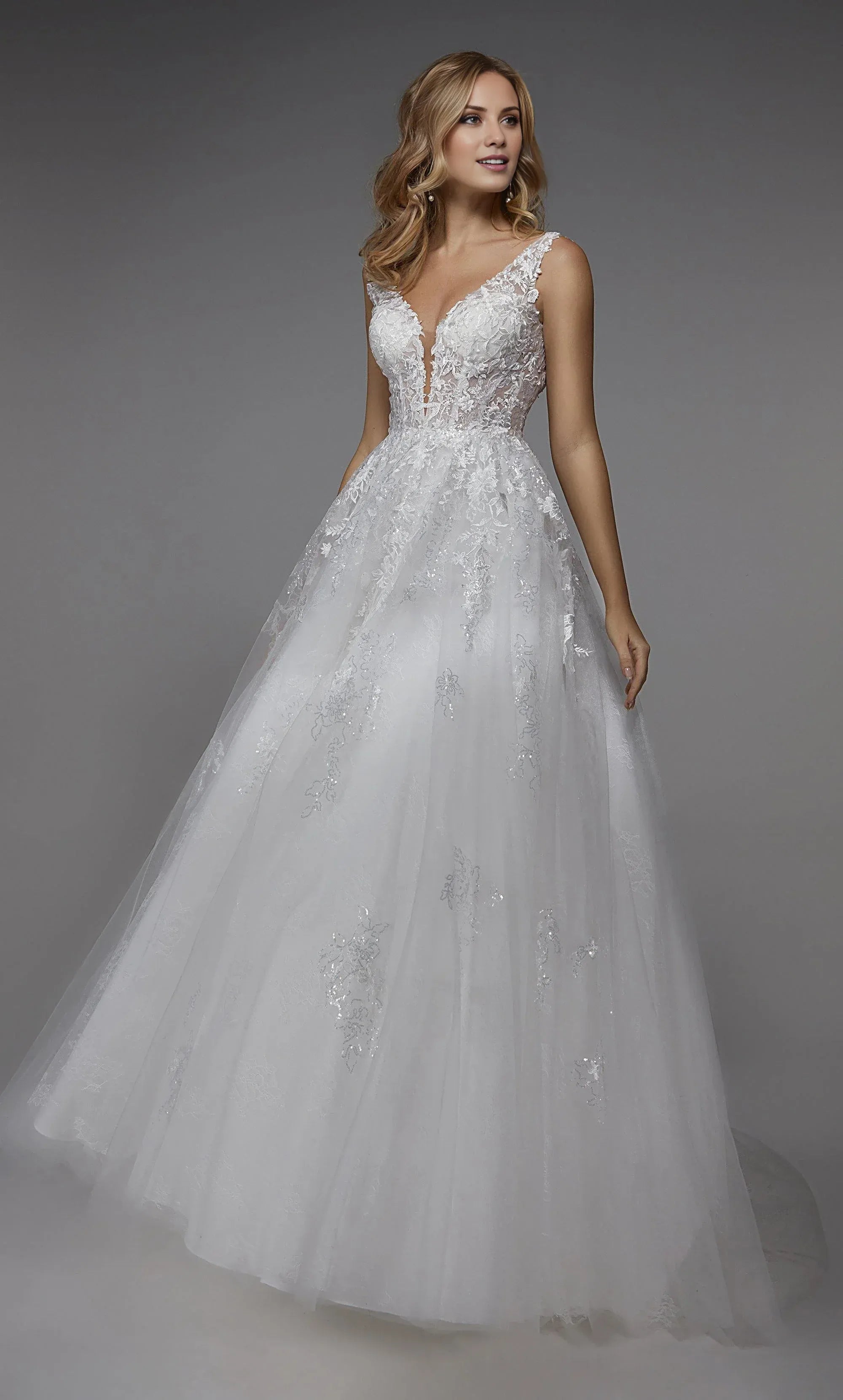 White Lace A-Line Sleeveless Plunge-Neck Low-Back Wedding Dress with Train