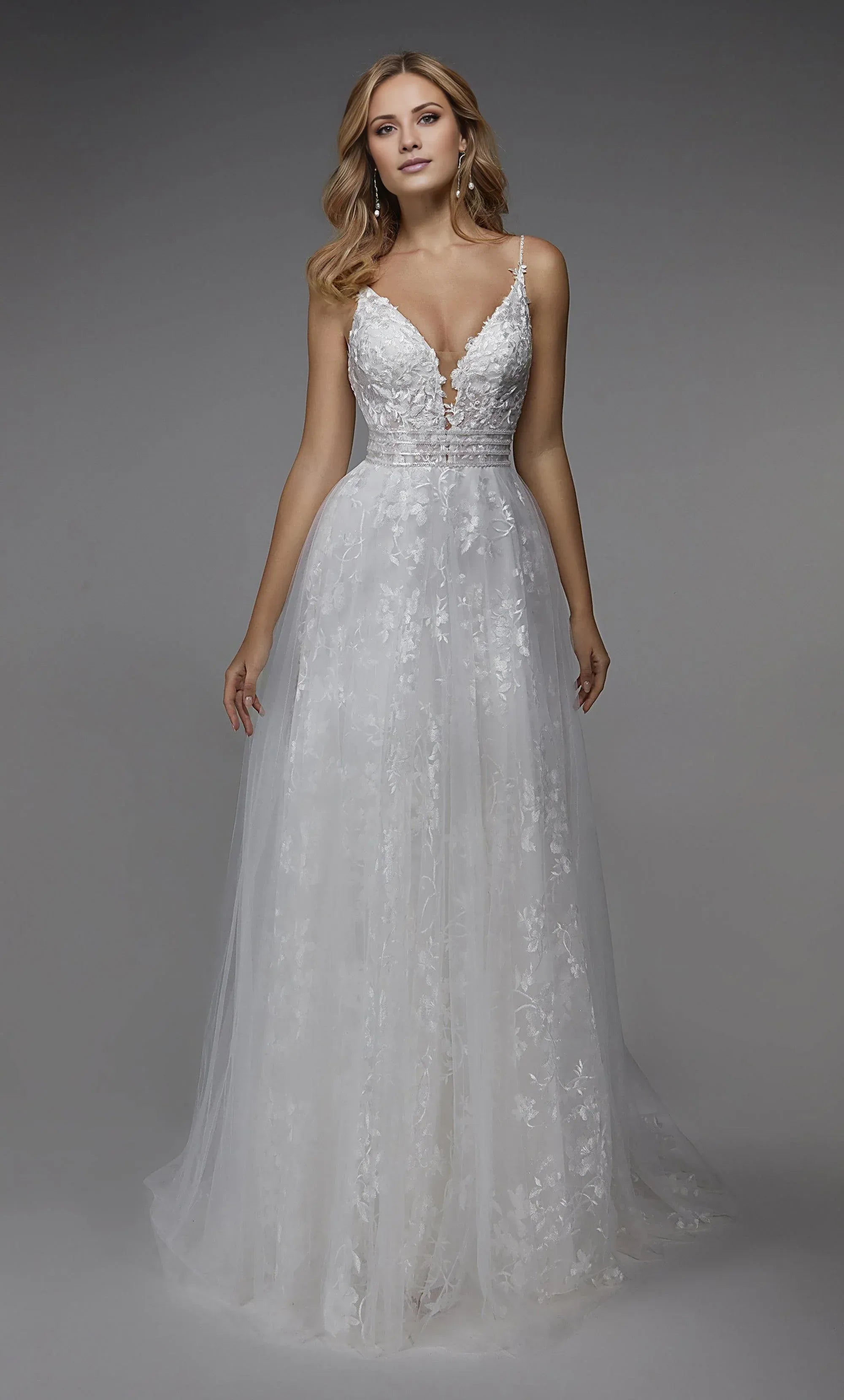 White Lace A-Line Spaghetti-Strap Plunge-Neck Low-Back Wedding Dress with Train
