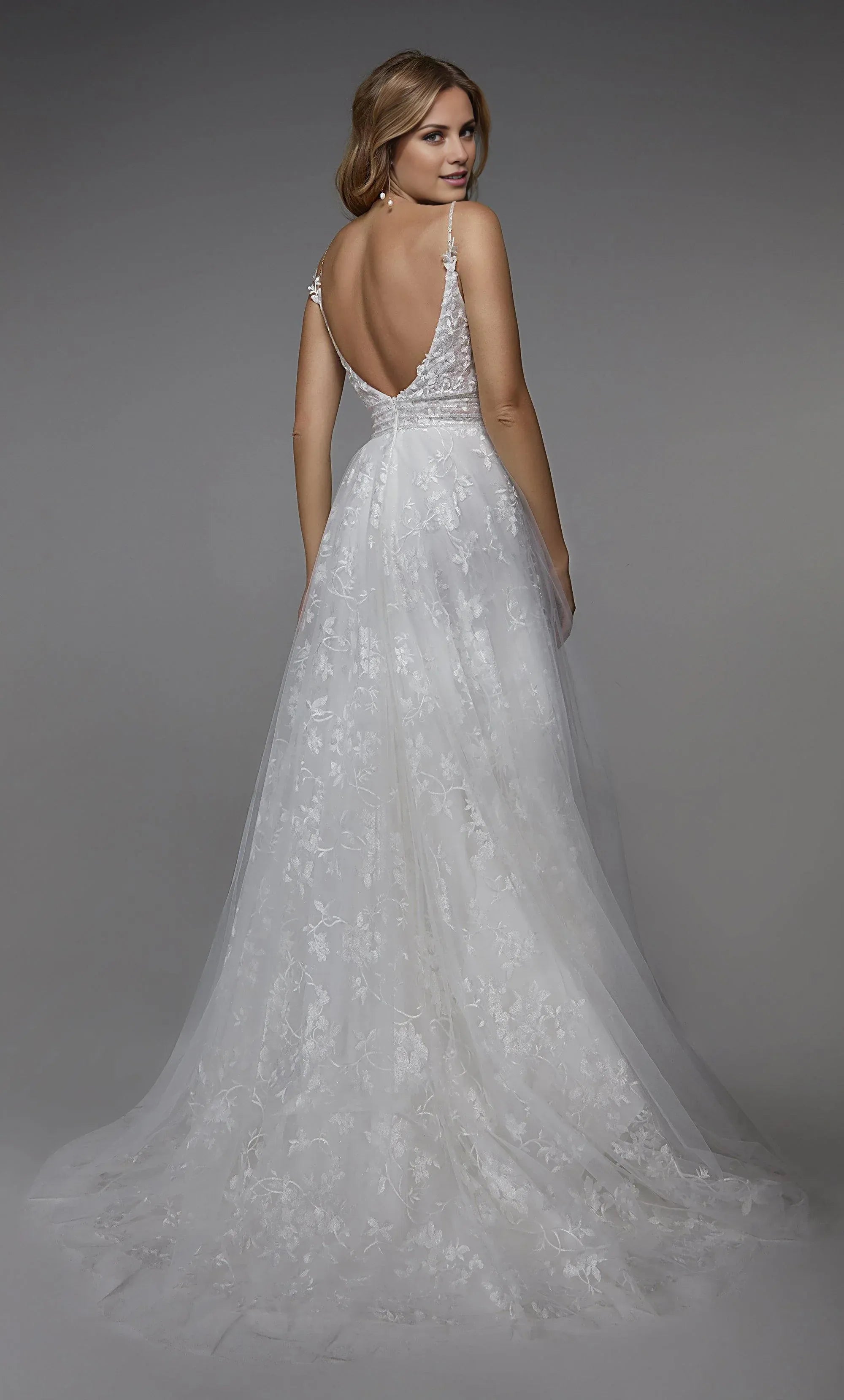 White Lace A-Line Spaghetti-Strap Plunge-Neck Low-Back Wedding Dress with Train