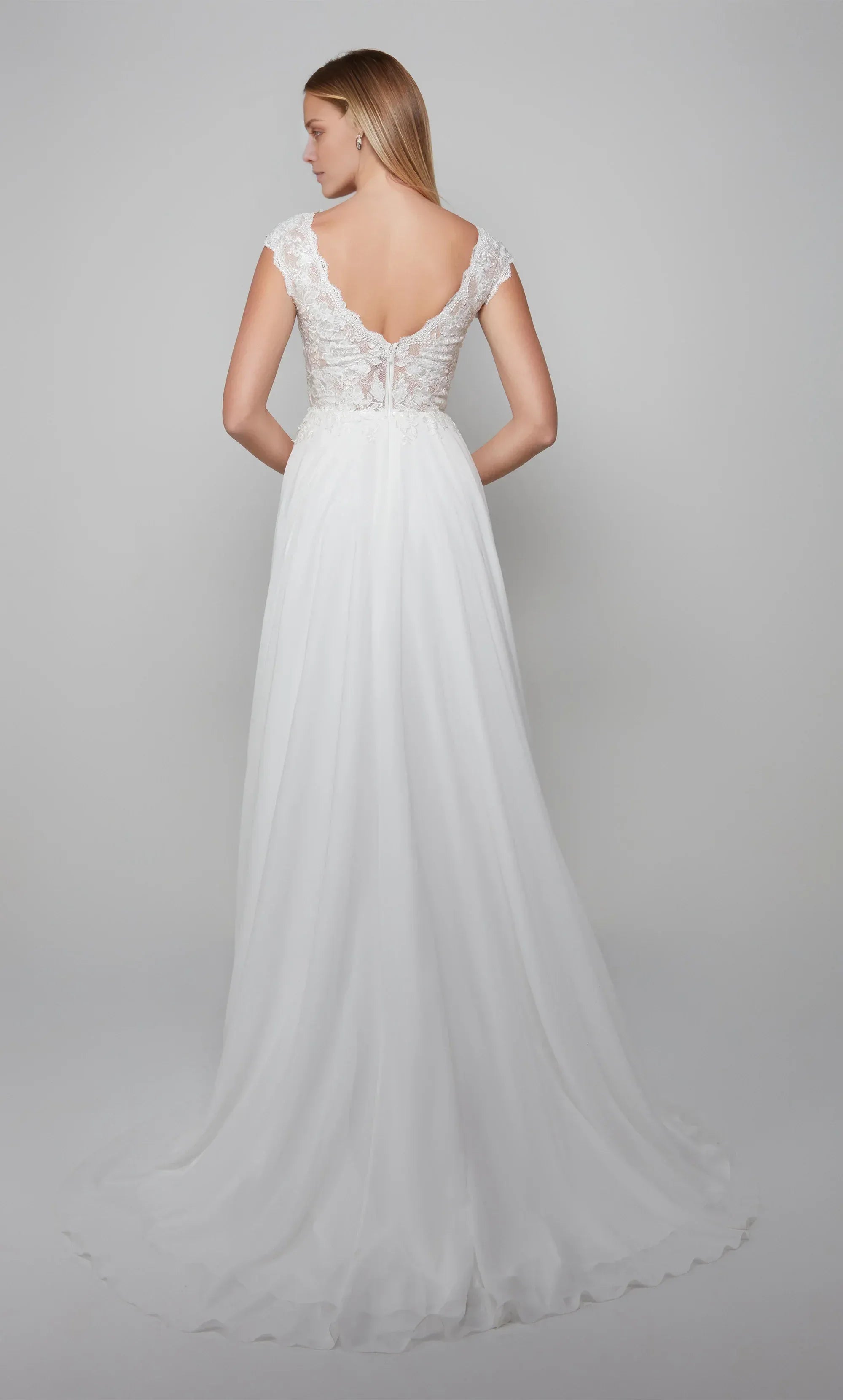 White Lace & Chiffon A-Line Illusion-Neck Low-Back Wedding Dress with Cap Sleeves