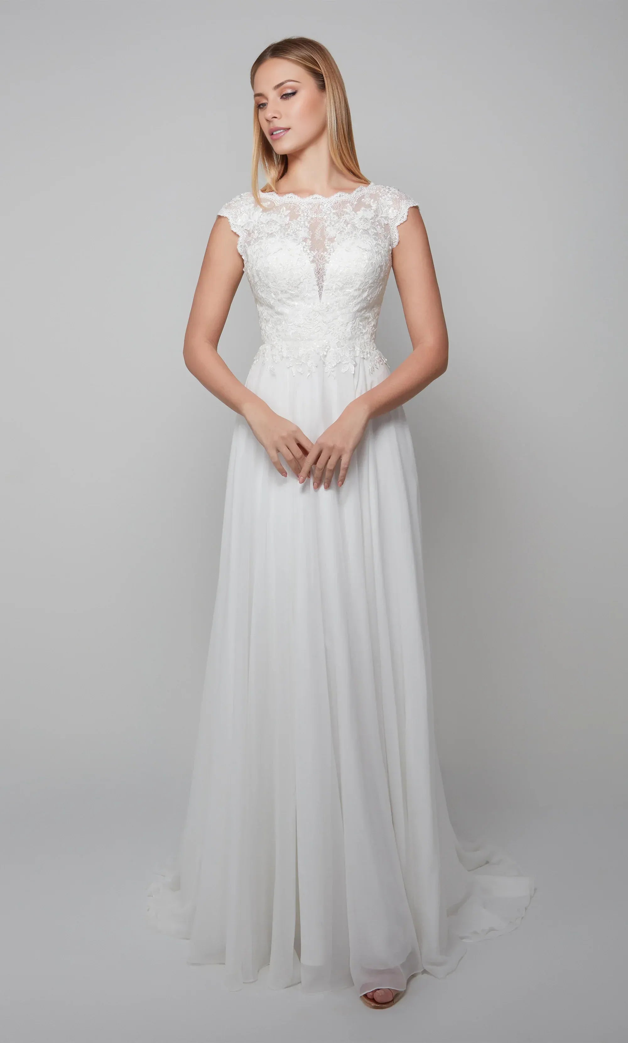 White Lace & Chiffon A-Line Illusion-Neck Low-Back Wedding Dress with Cap Sleeves