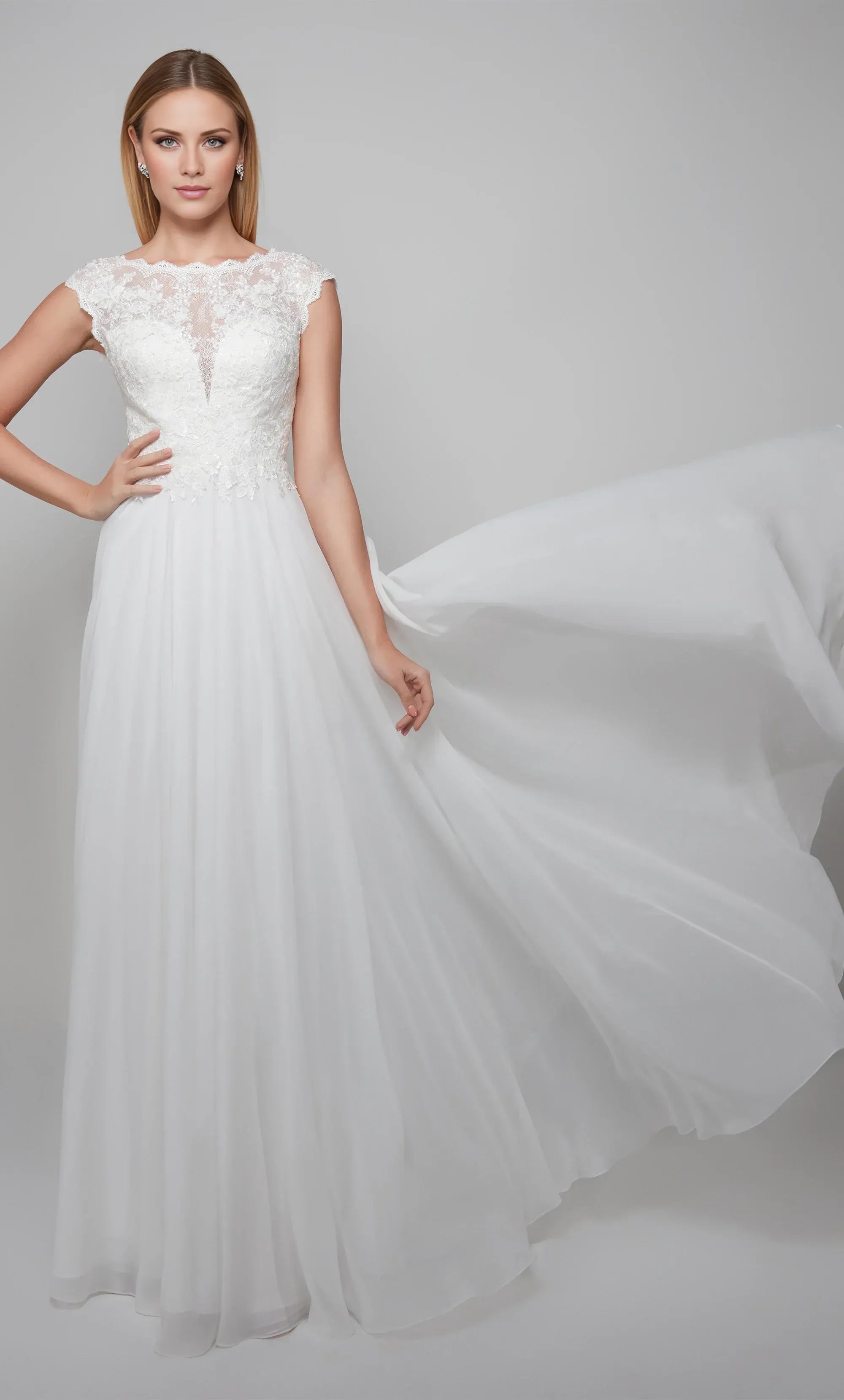 White Lace & Chiffon A-Line Illusion-Neck Low-Back Wedding Dress with Cap Sleeves