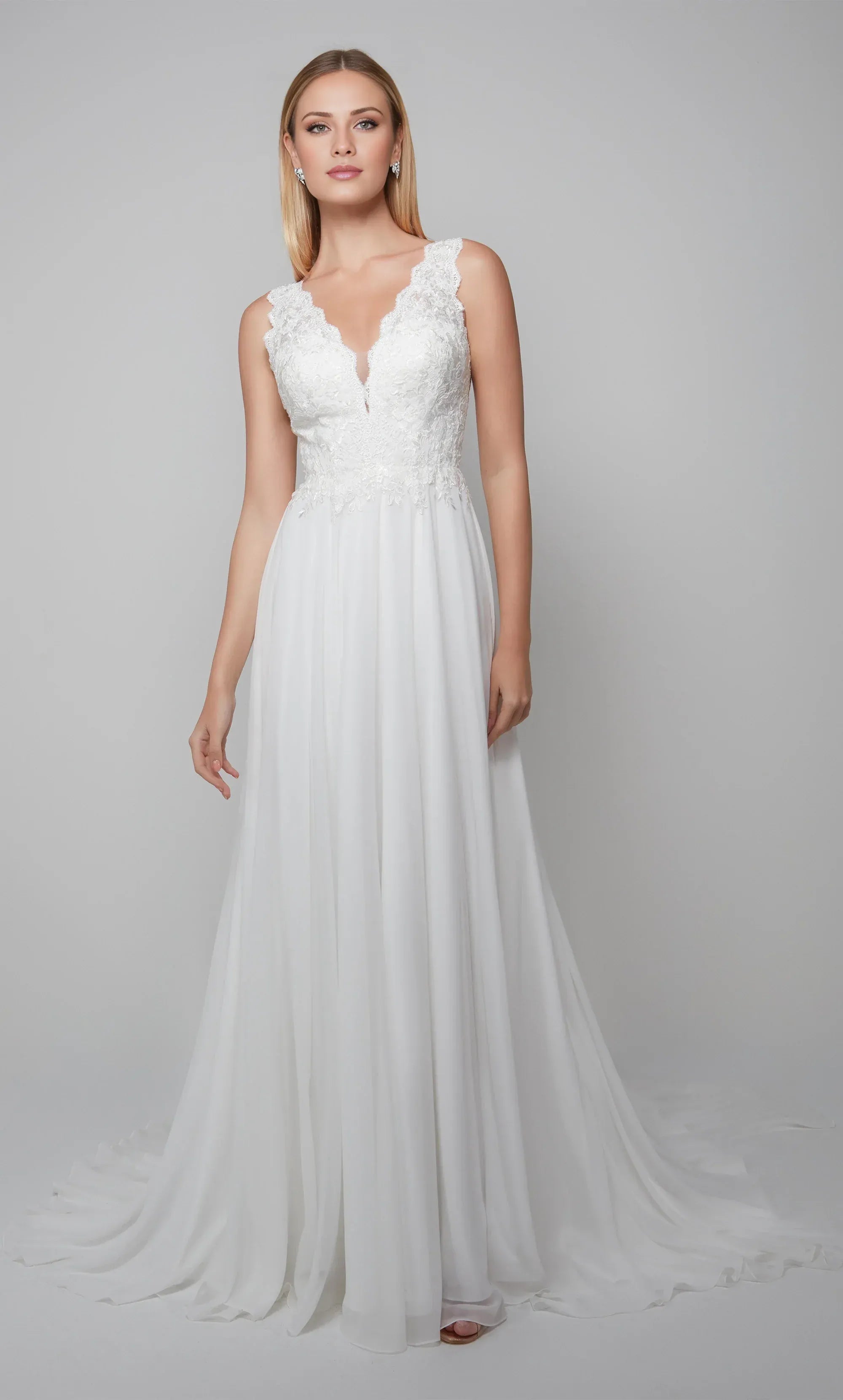 White Lace & Chiffon A-Line V-Neck Low-Back Wedding Dress with Sleeveless Straps