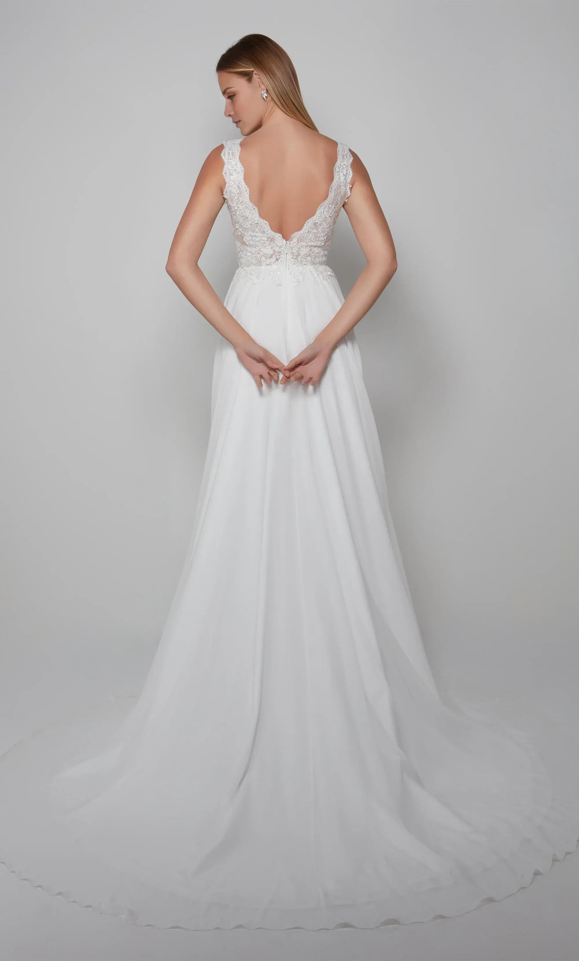 White Lace & Chiffon A-Line V-Neck Low-Back Wedding Dress with Sleeveless Straps