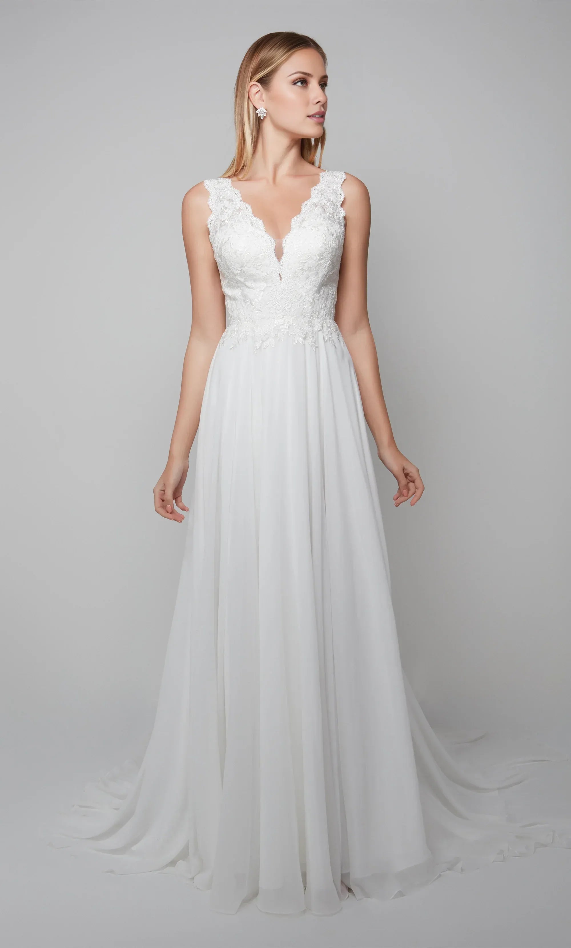 White Lace & Chiffon A-Line V-Neck Low-Back Wedding Dress with Sleeveless Straps