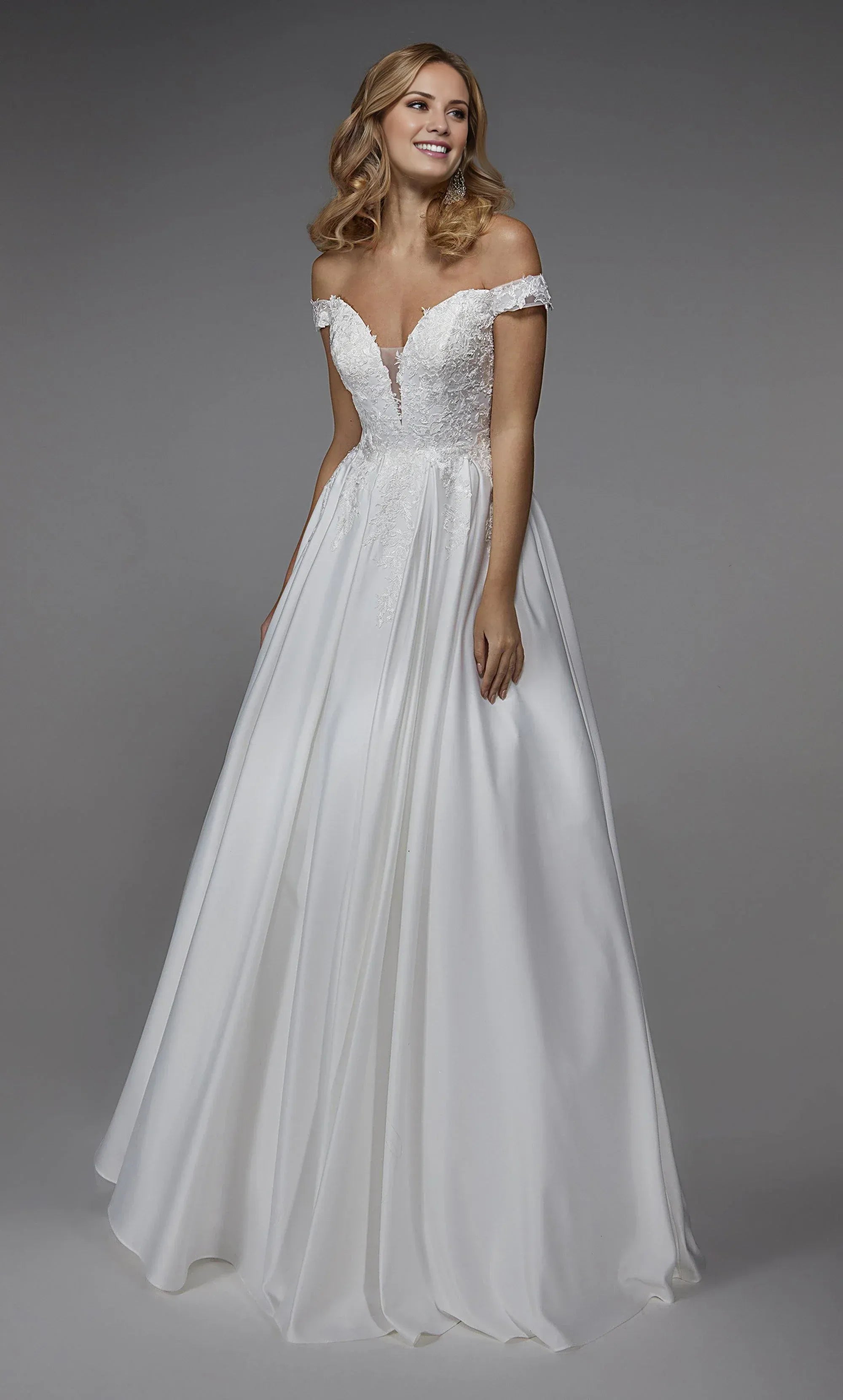 White Lace & Satin A-Line Off-The-Shoulder V-Neck Wedding Dress