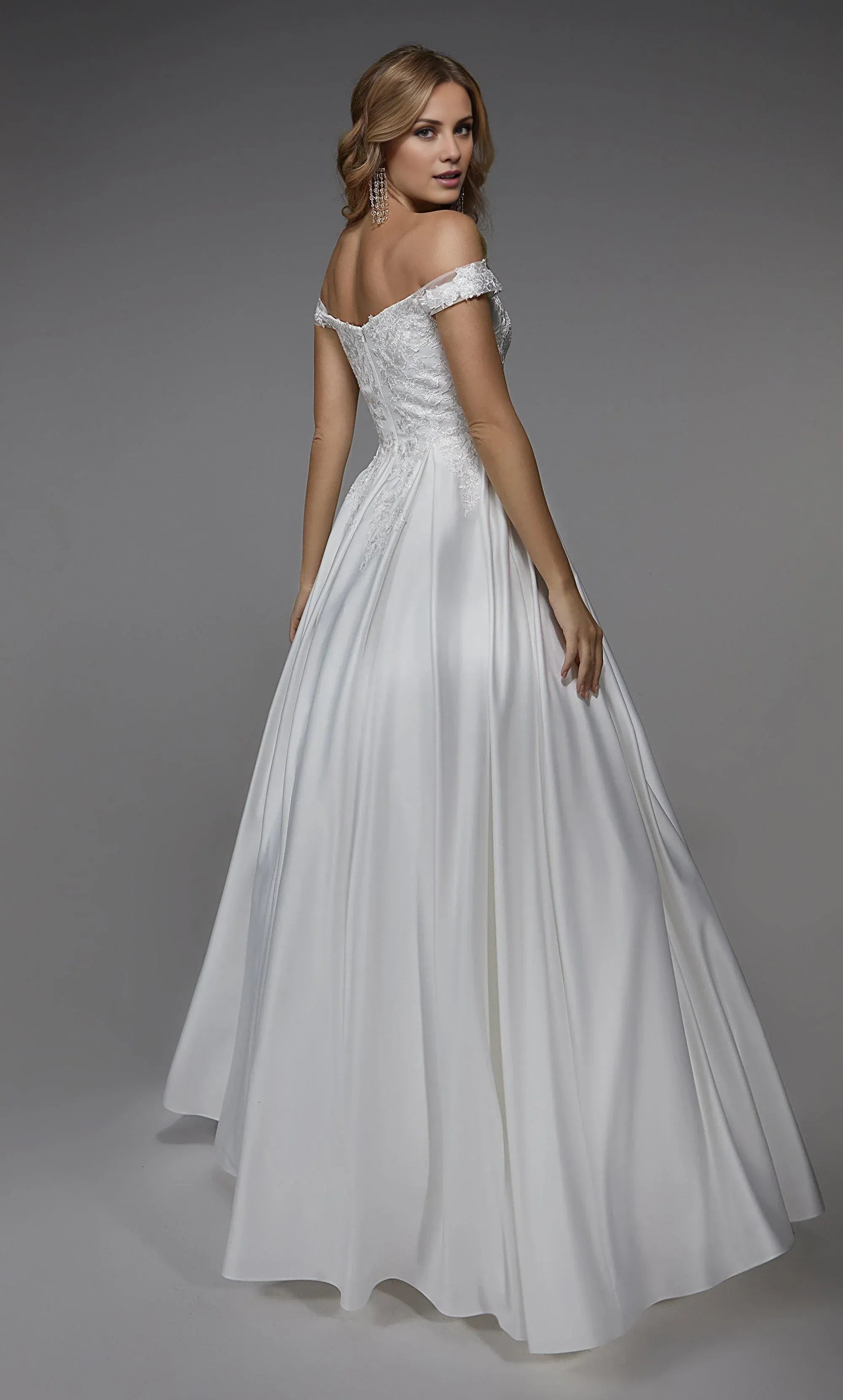 White Lace & Satin A-Line Off-The-Shoulder V-Neck Wedding Dress