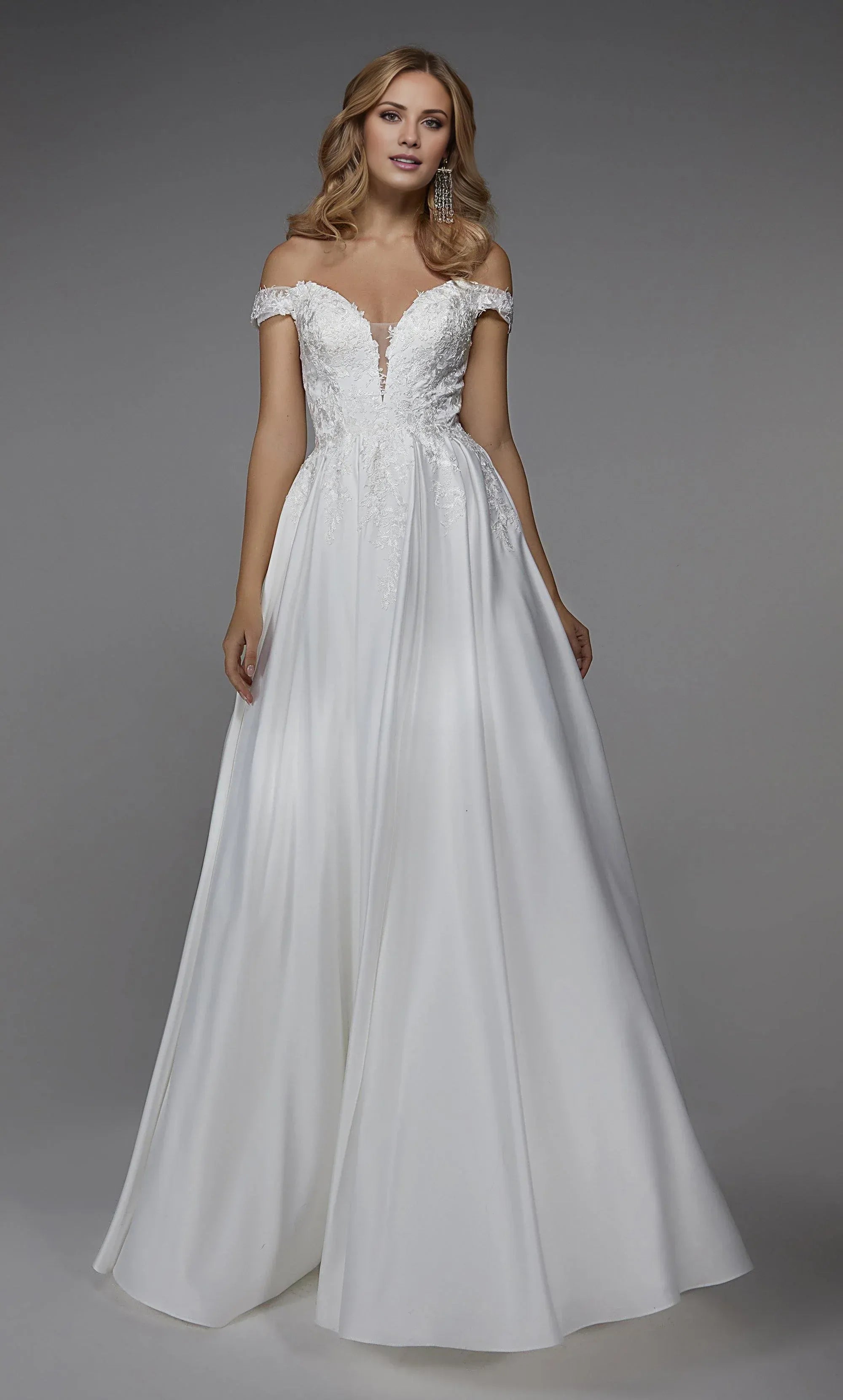 White Lace & Satin A-Line Off-The-Shoulder V-Neck Wedding Dress