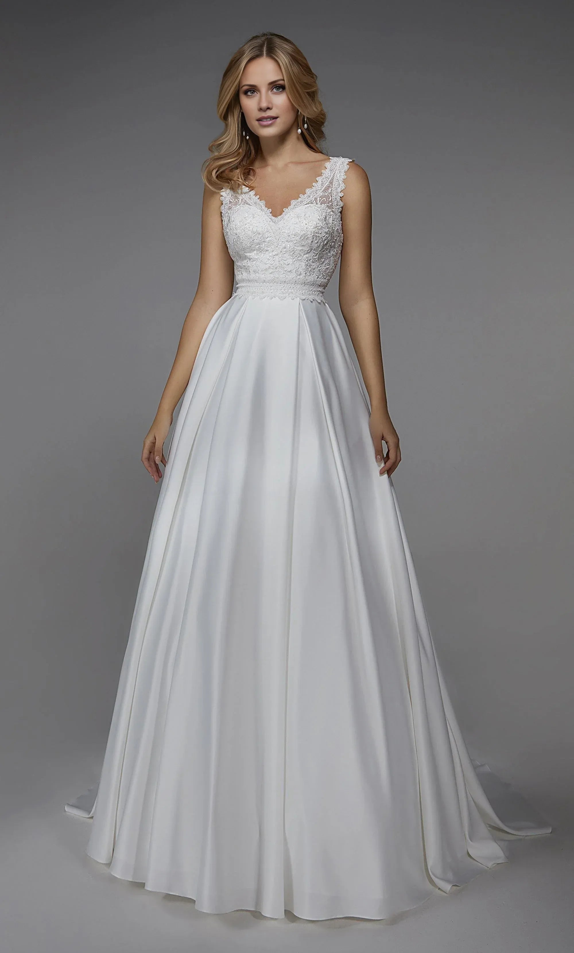 White Lace & Satin A-Line V-Neck Low-Back Sleeveless Wedding Dress with Train