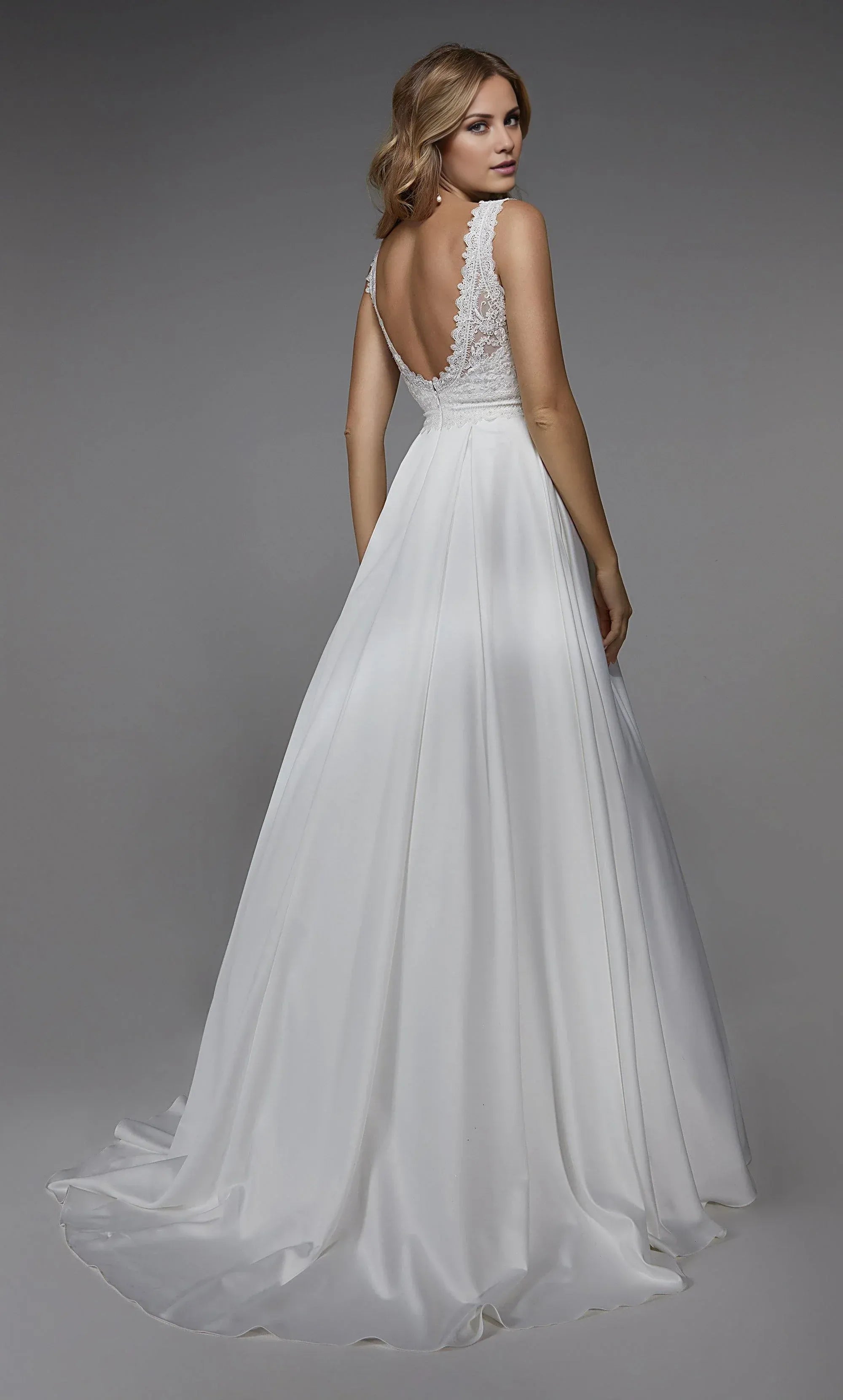 White Lace & Satin A-Line V-Neck Low-Back Sleeveless Wedding Dress with Train